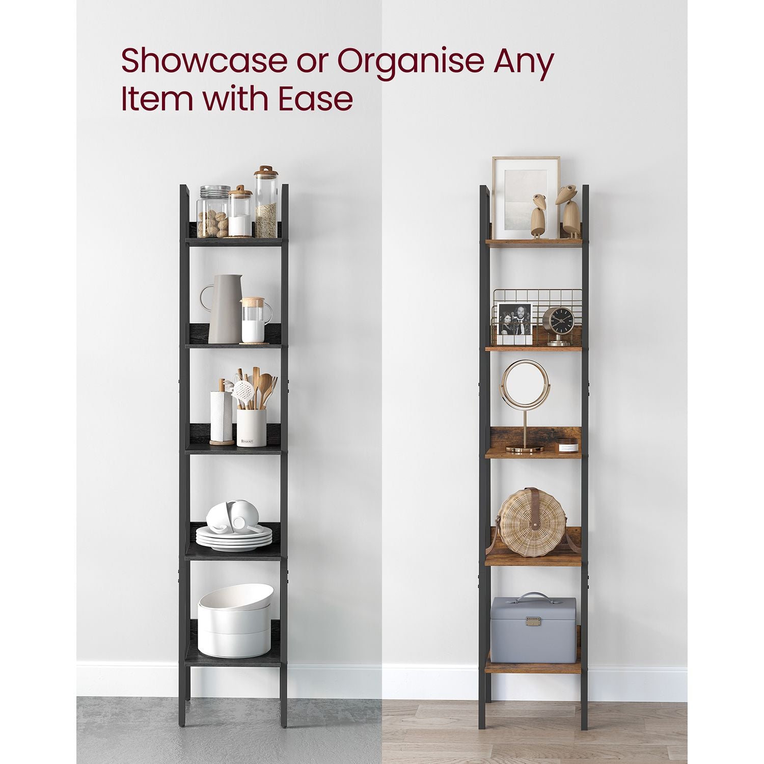 5-Tier Freestanding Narrow Shelf - Steel Frame - Rustic Brown and Black - Easy to Assemble