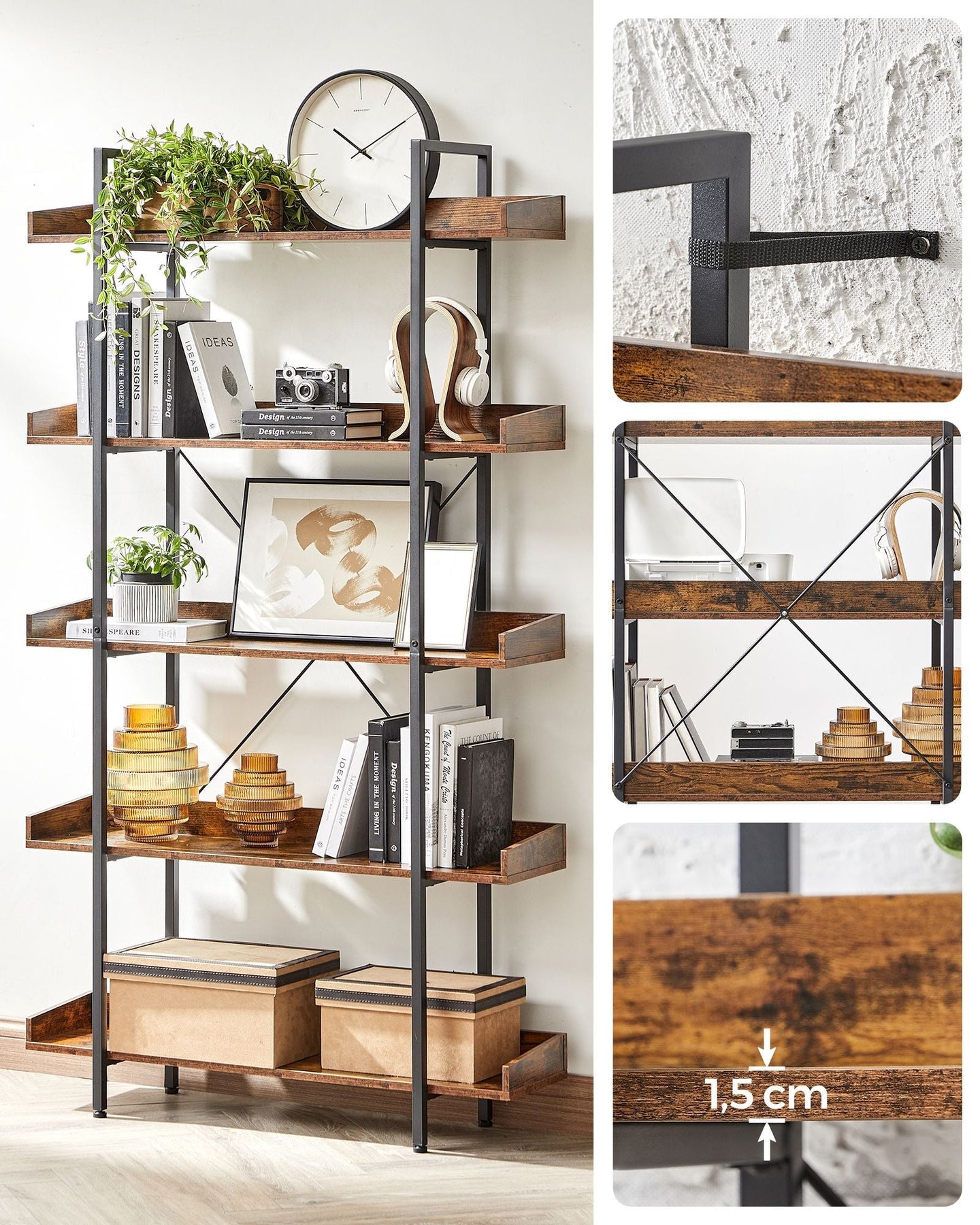 5-Tier Bookcase - Wood - Rustic Brown and Black - Bedroom
