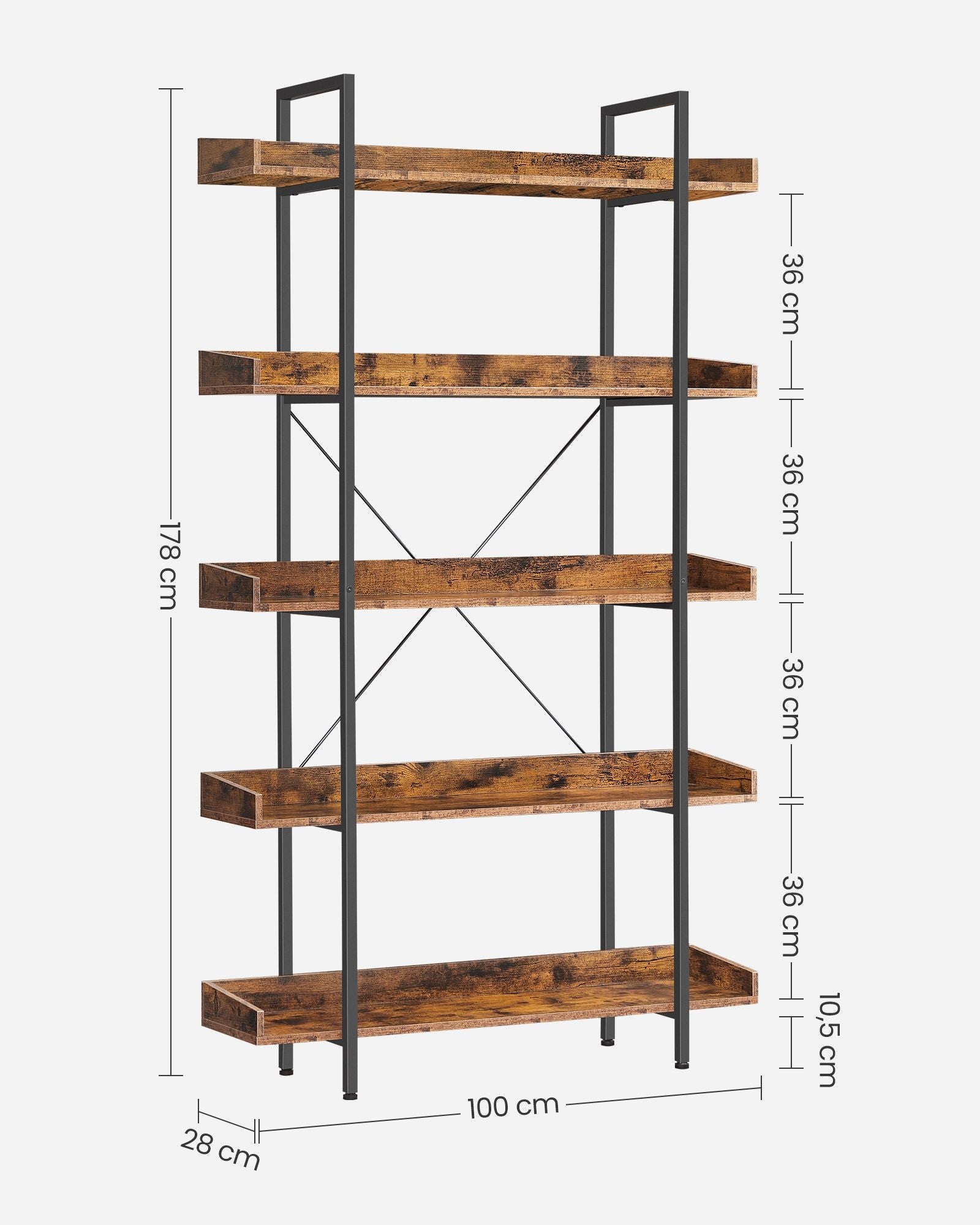 5-Tier Bookcase - Wood - Rustic Brown and Black - Bedroom