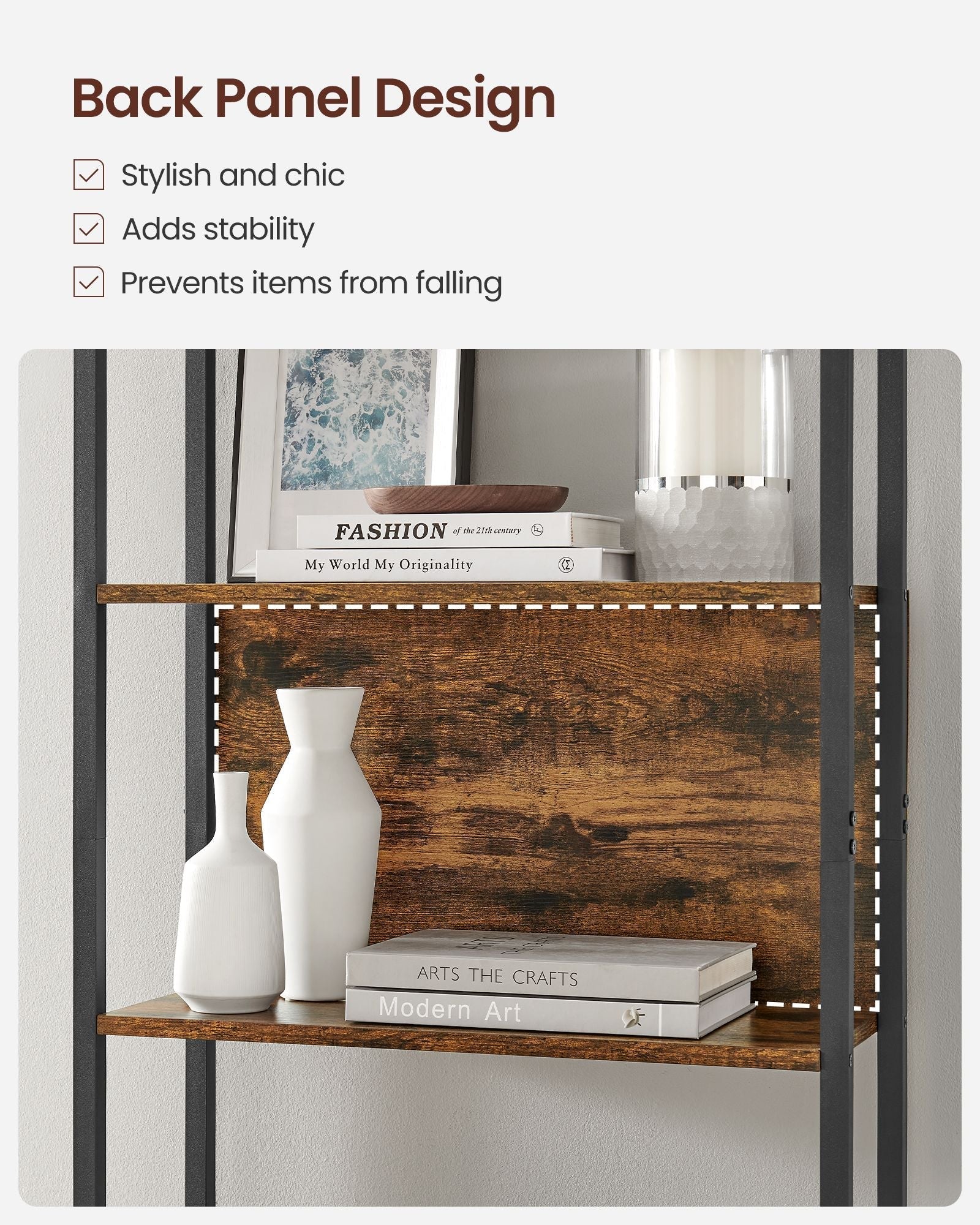6 Shelf Bookcase - Steel - Rustic Brown and Black