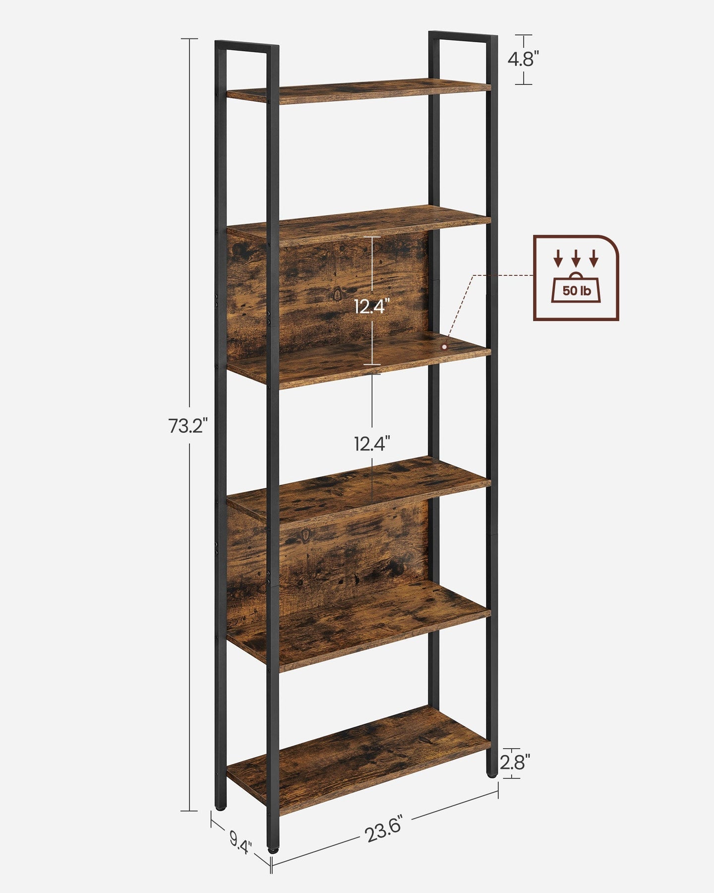 6 Shelf Bookcase - Steel - Rustic Brown and Black