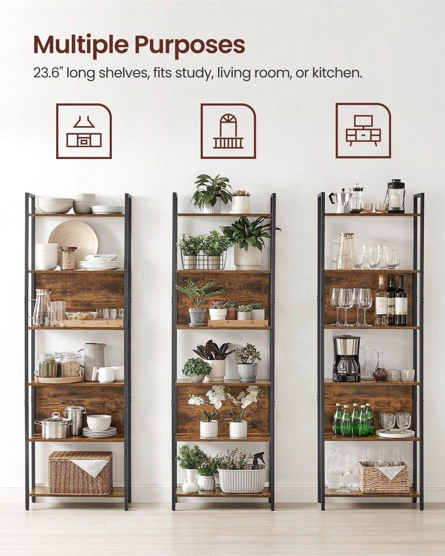 6 Shelf Bookcase - Steel - Rustic Brown and Black
