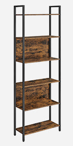 6 Shelf Bookcase - Steel - Rustic Brown and Black