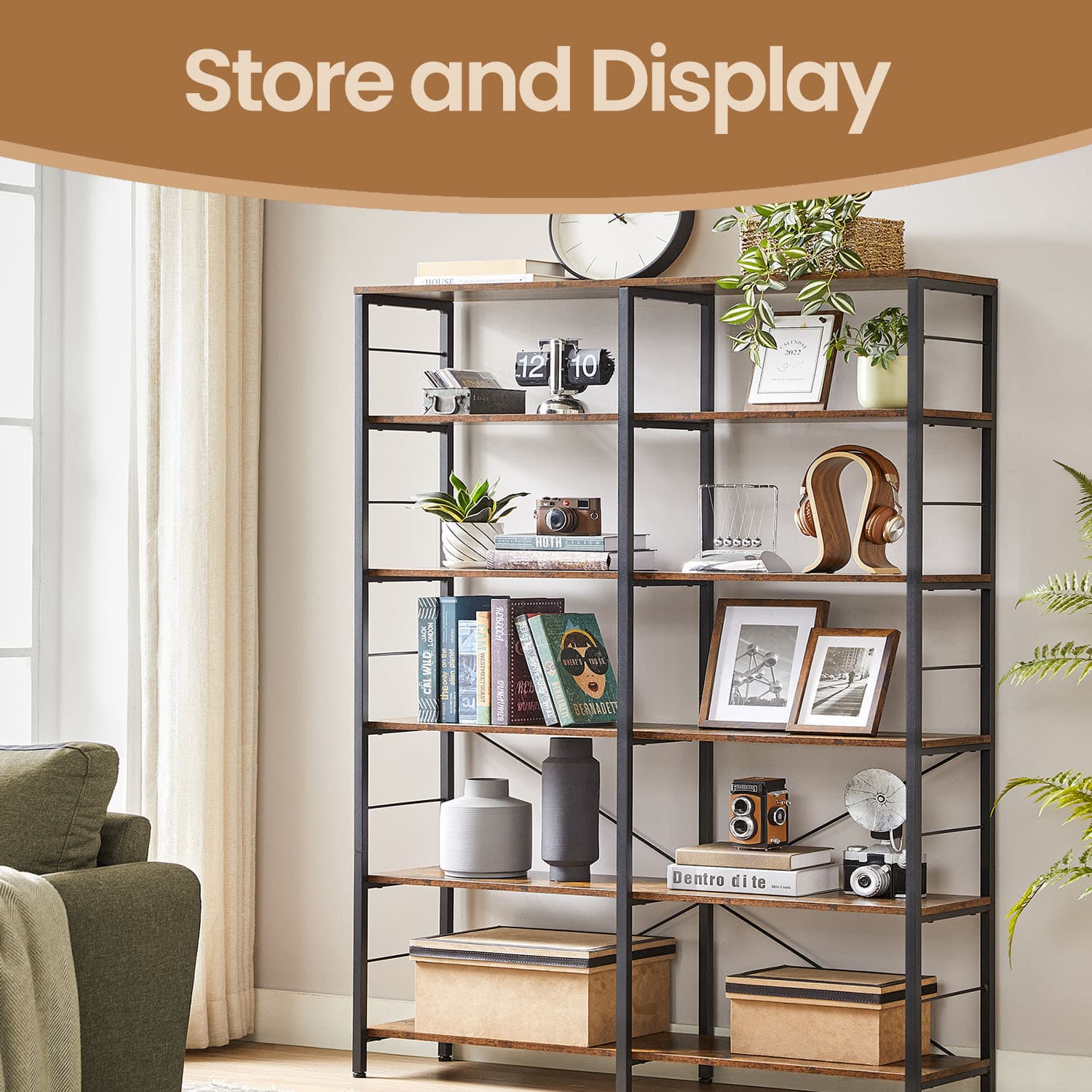 6-Tier Storage Shelf - Wood - Rustic Brown and Black