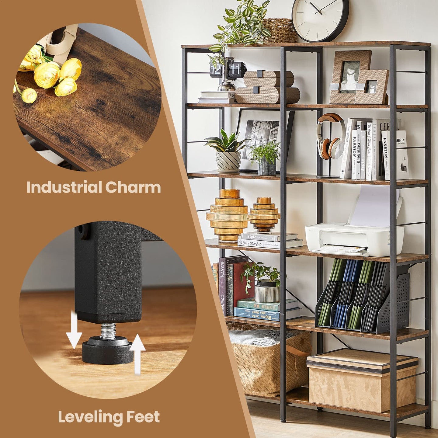 6-Tier Storage Shelf - Wood - Rustic Brown and Black