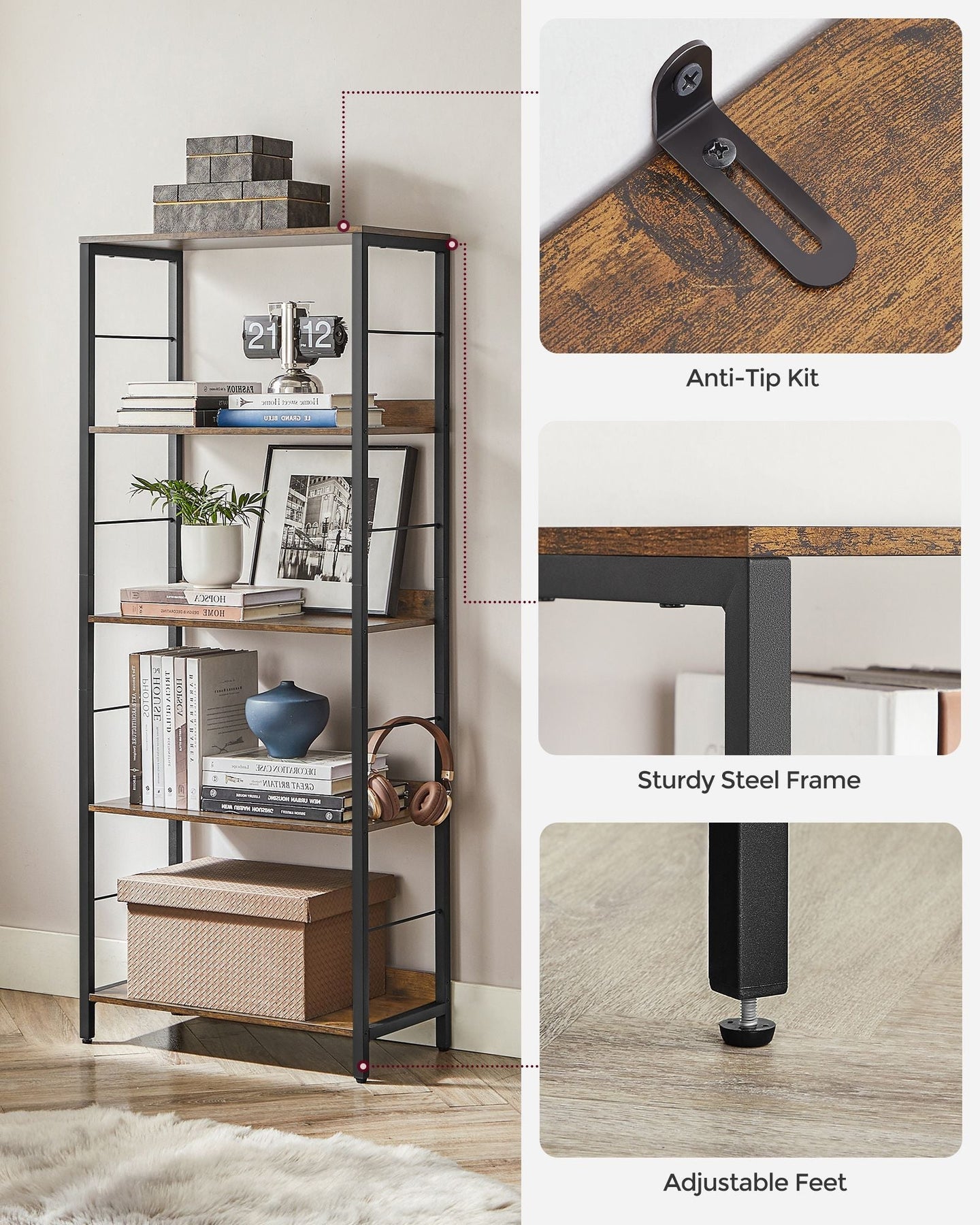 5-Tier Bookshelf - Wood - Rustic Brown