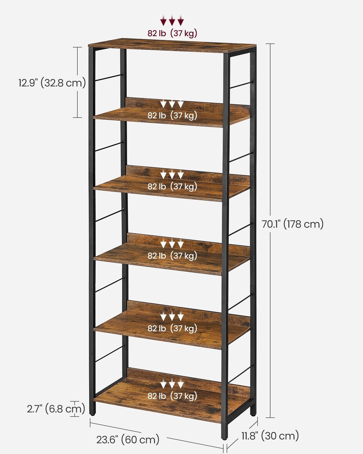 5-Tier Bookshelf - Particle Board - Rustic Brown