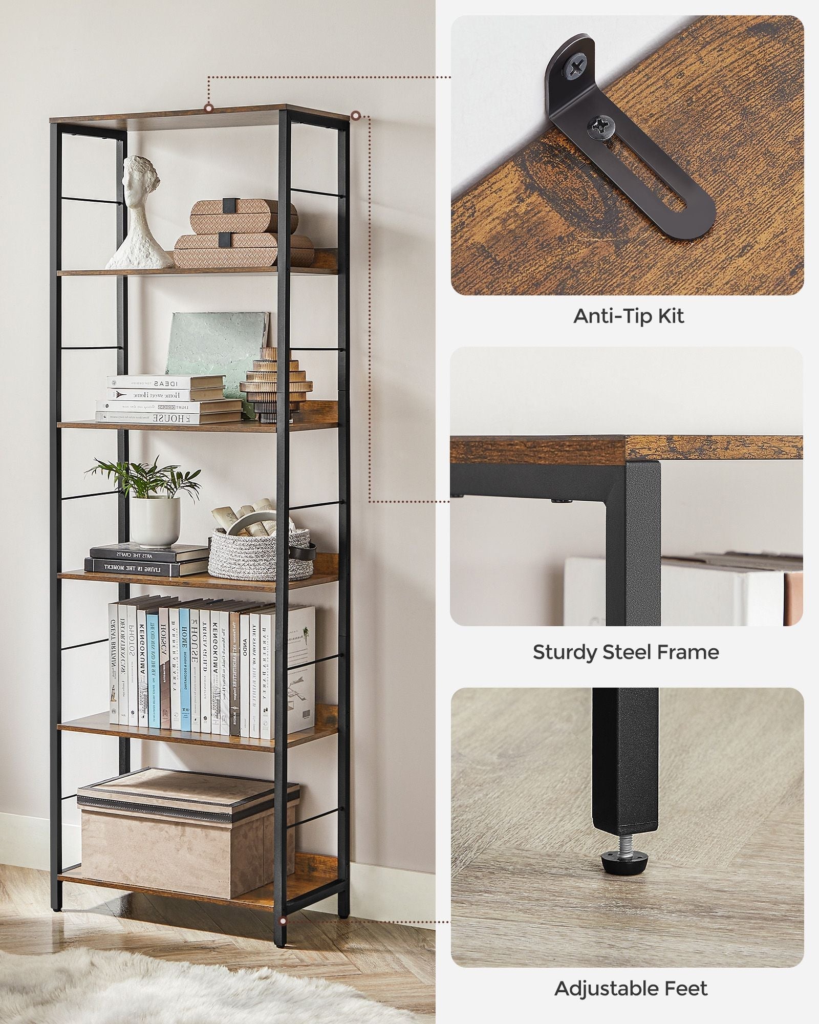 5-Tier Bookshelf - Particle Board - Rustic Brown
