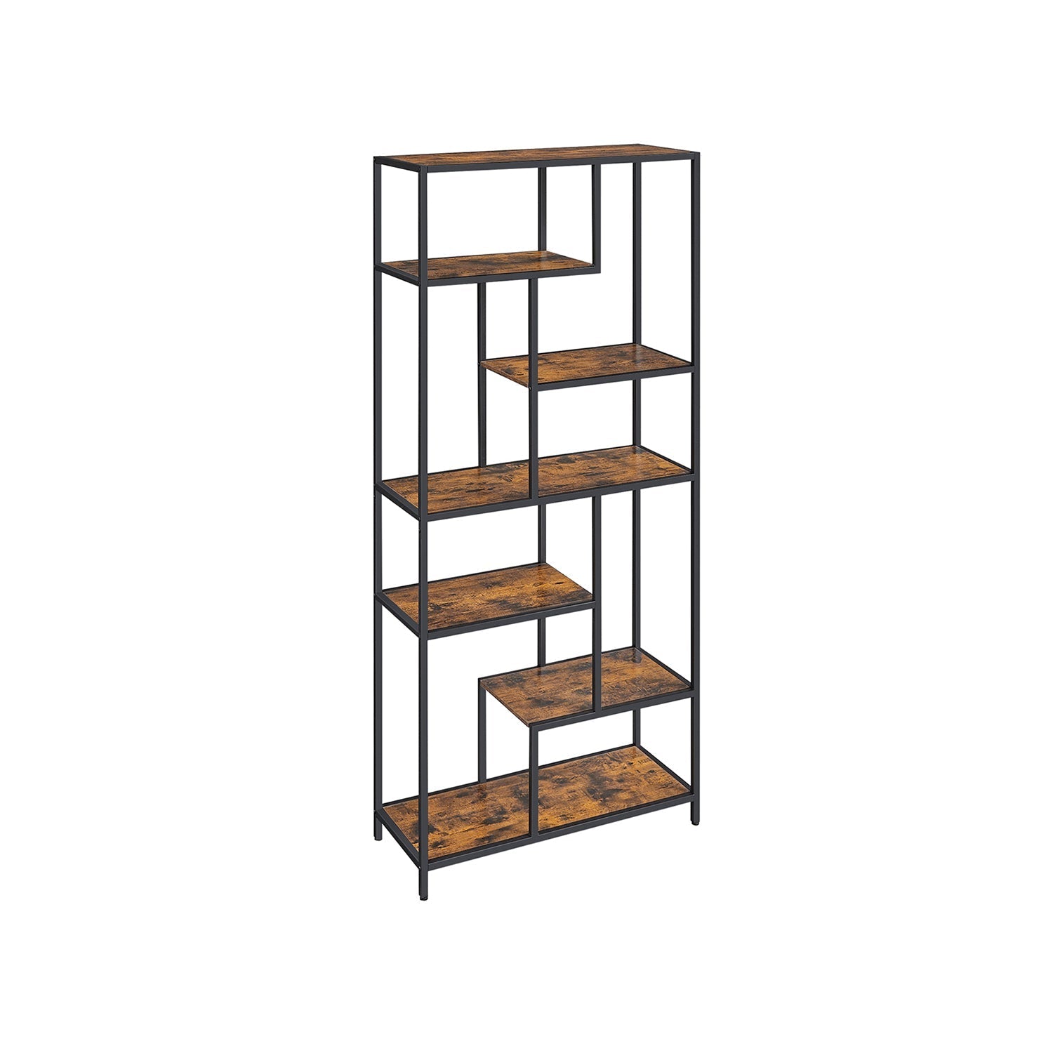 6-Tier Bookcase - Engineered Wood - Rustic Brown and Black - Geometric Design and Versatile Storage