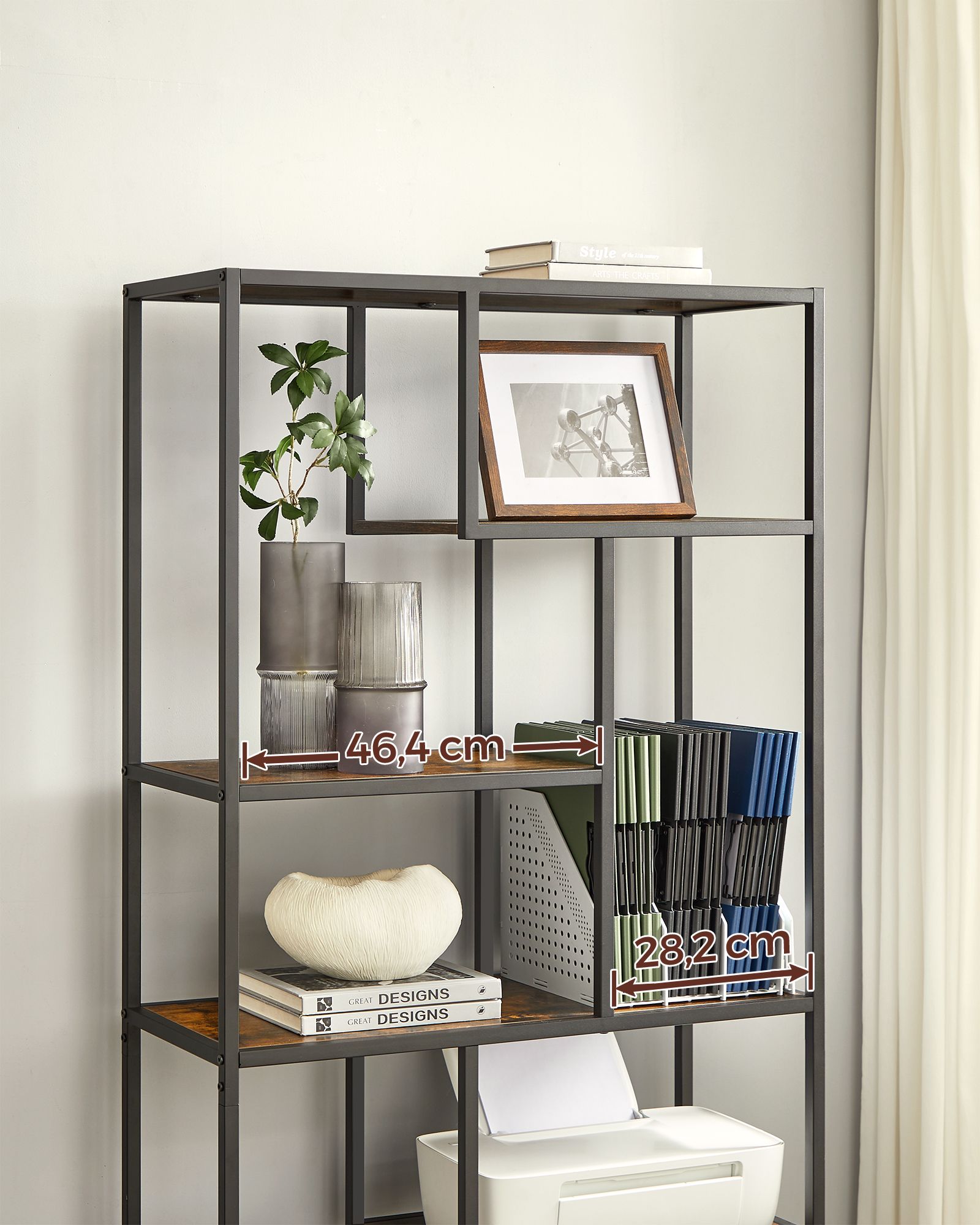 6-Tier Bookcase - Engineered Wood - Rustic Brown and Black - Geometric Design and Versatile Storage