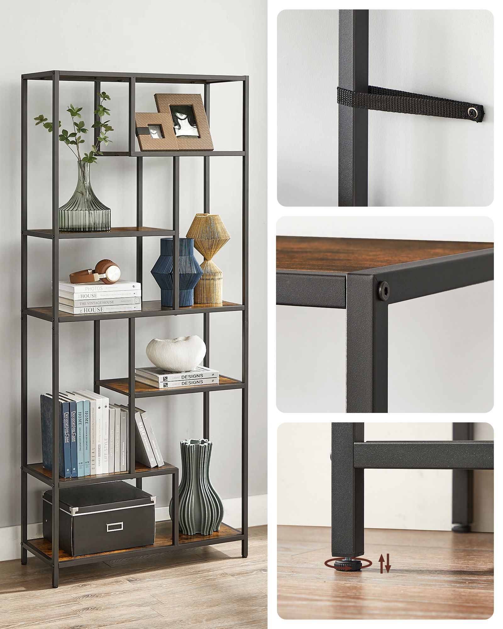 6-Tier Bookcase - Engineered Wood - Rustic Brown and Black - Geometric Design and Versatile Storage