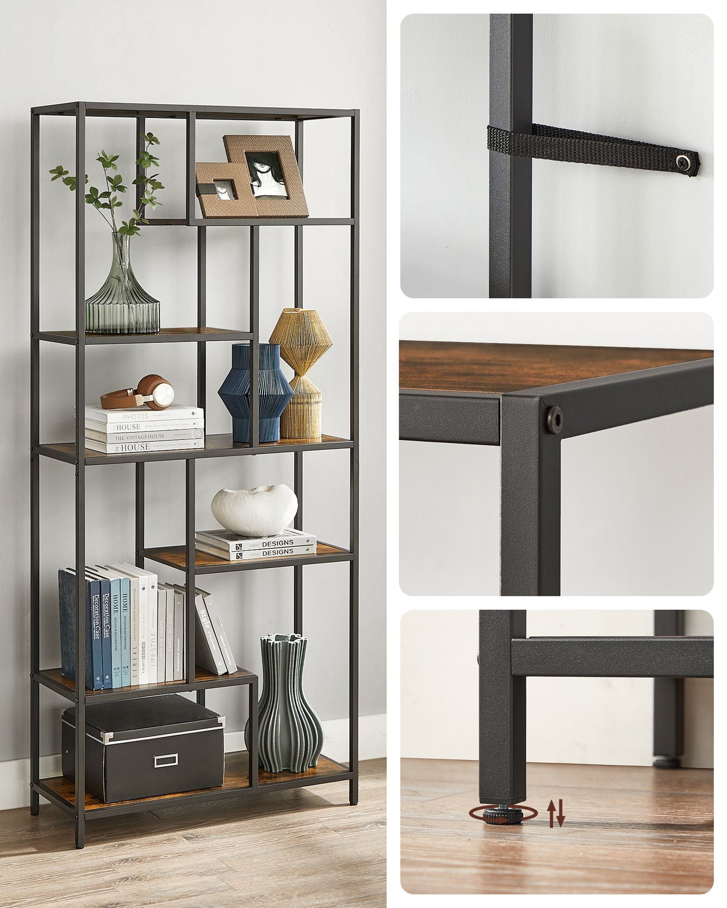 6-Tier Bookcase - Engineered Wood - Rustic Brown and Black - Geometric Design and Versatile Storage