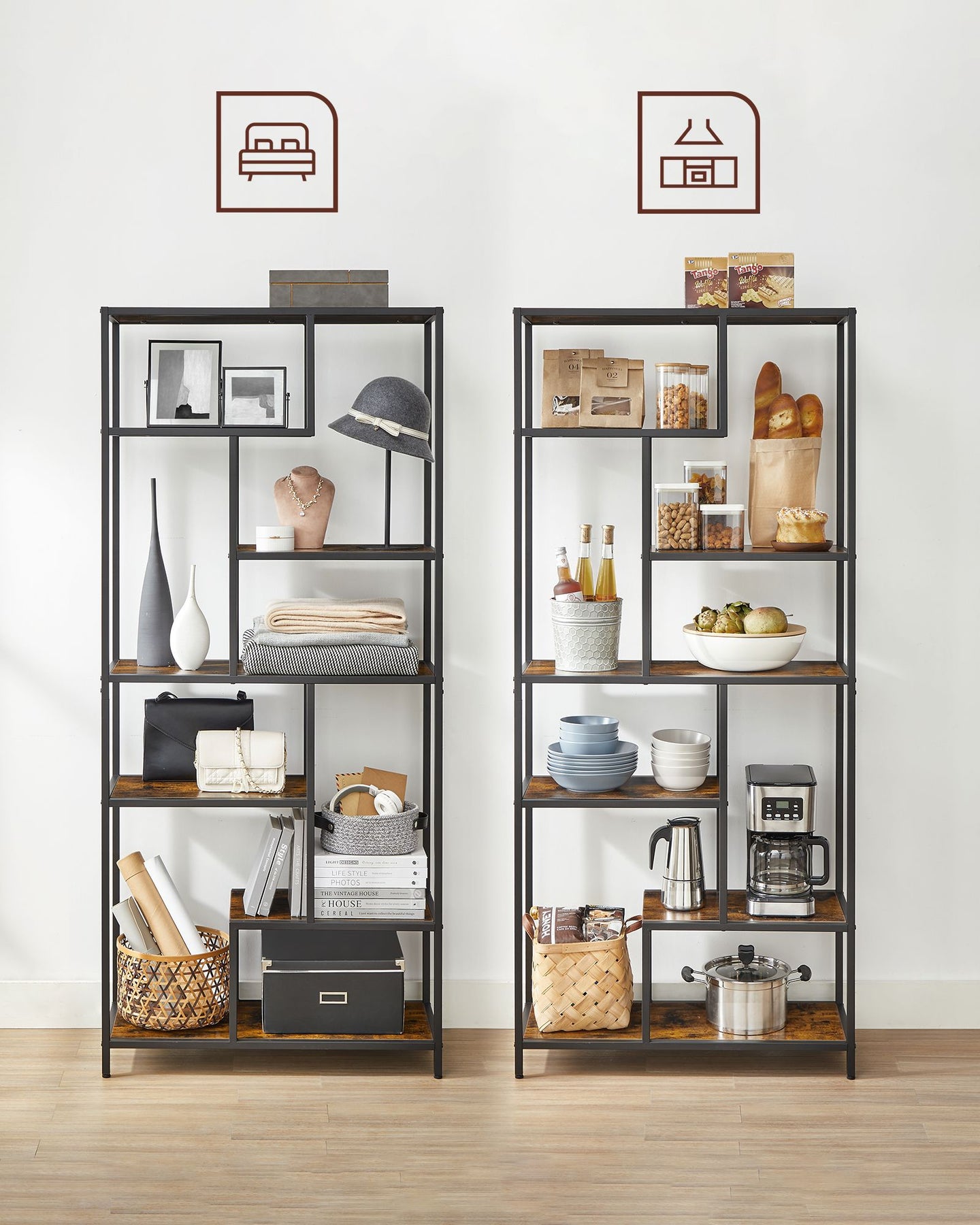 6-Tier Bookcase - Engineered Wood - Rustic Brown and Black - Geometric Design and Versatile Storage