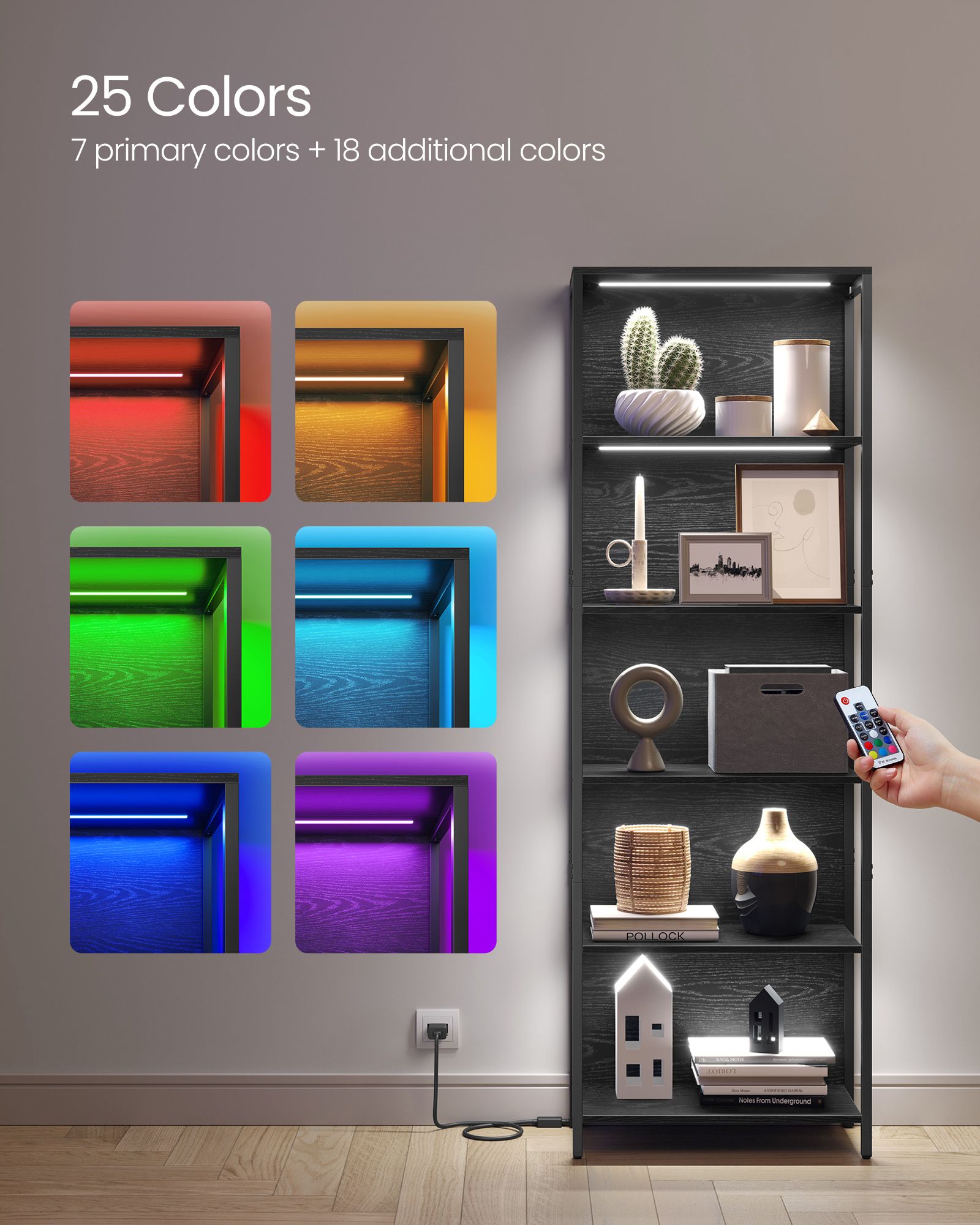 6-Tier Bookshelf - Steel Frame - Ebony Black - Dimmable LED Lights