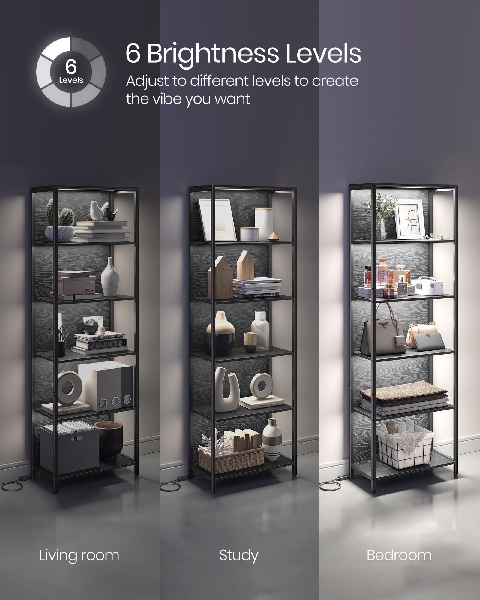 6-Tier Bookshelf - Steel Frame - Ebony Black - Dimmable LED Lights