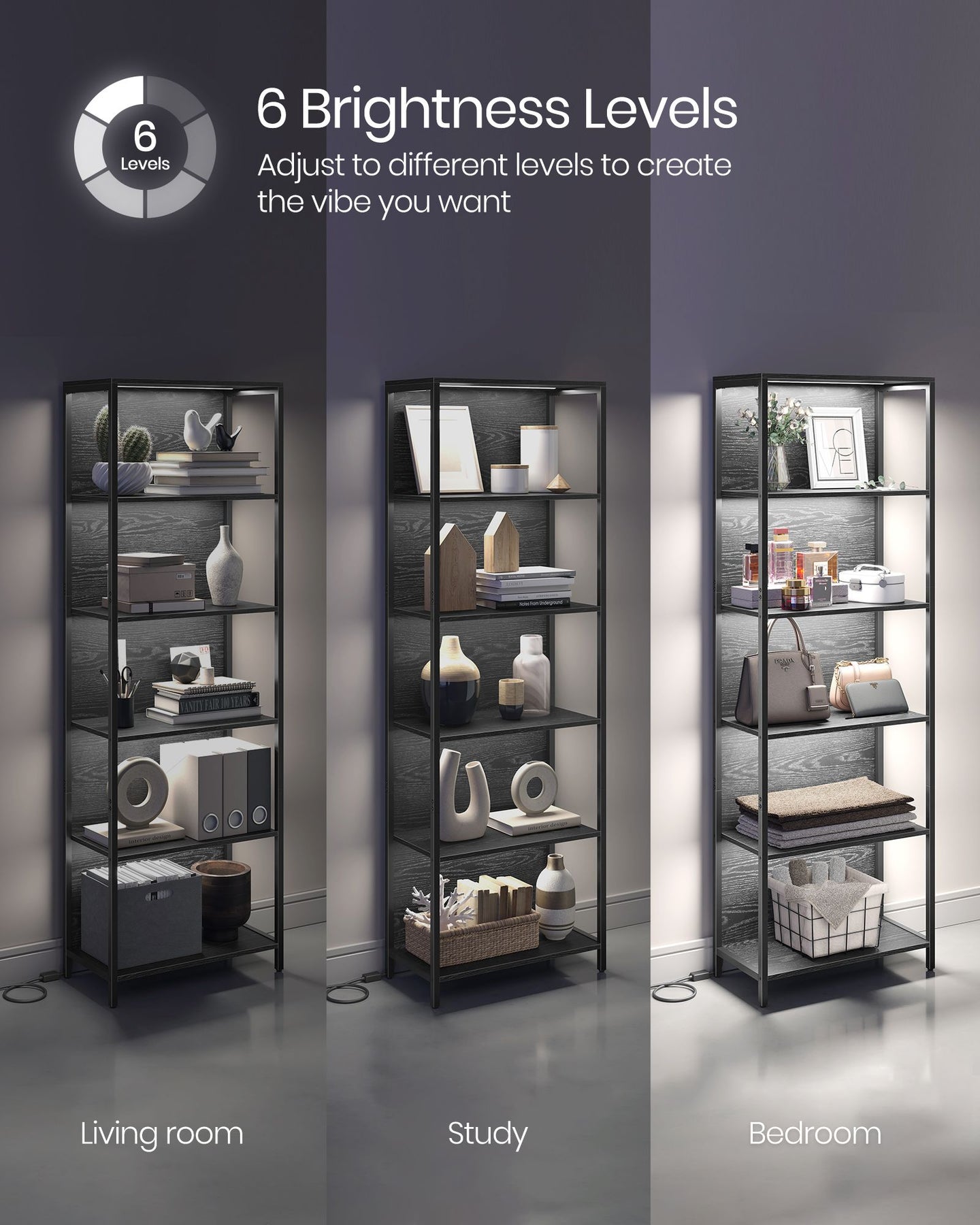 6-Tier Bookshelf - Steel Frame - Ebony Black - Dimmable LED Lights