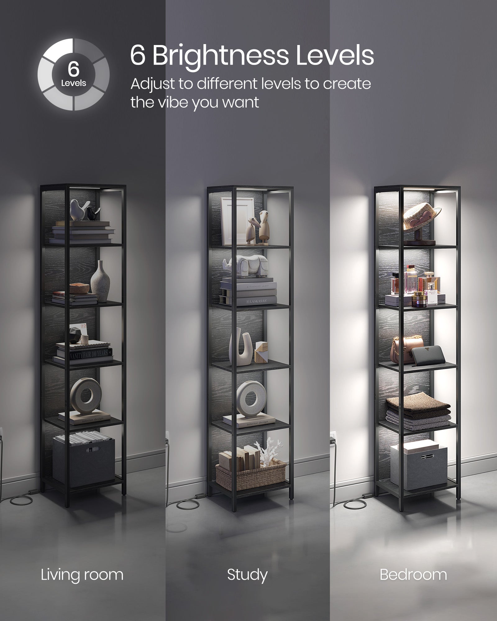 6-Tier Bookcase - Steel - Ebony Black - With Dimmable LED Lights