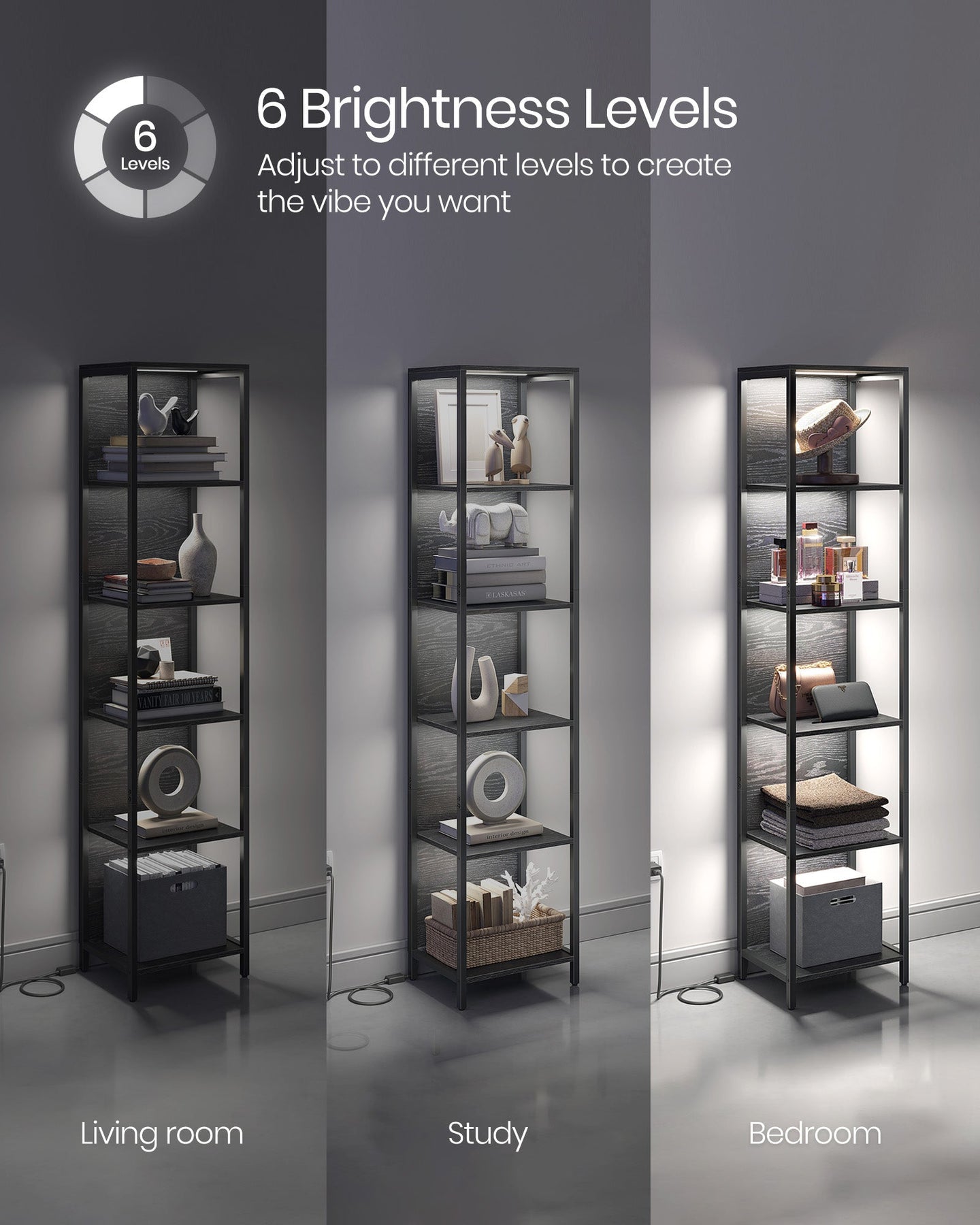 6-Tier Bookcase - Steel - Ebony Black - With Dimmable LED Lights