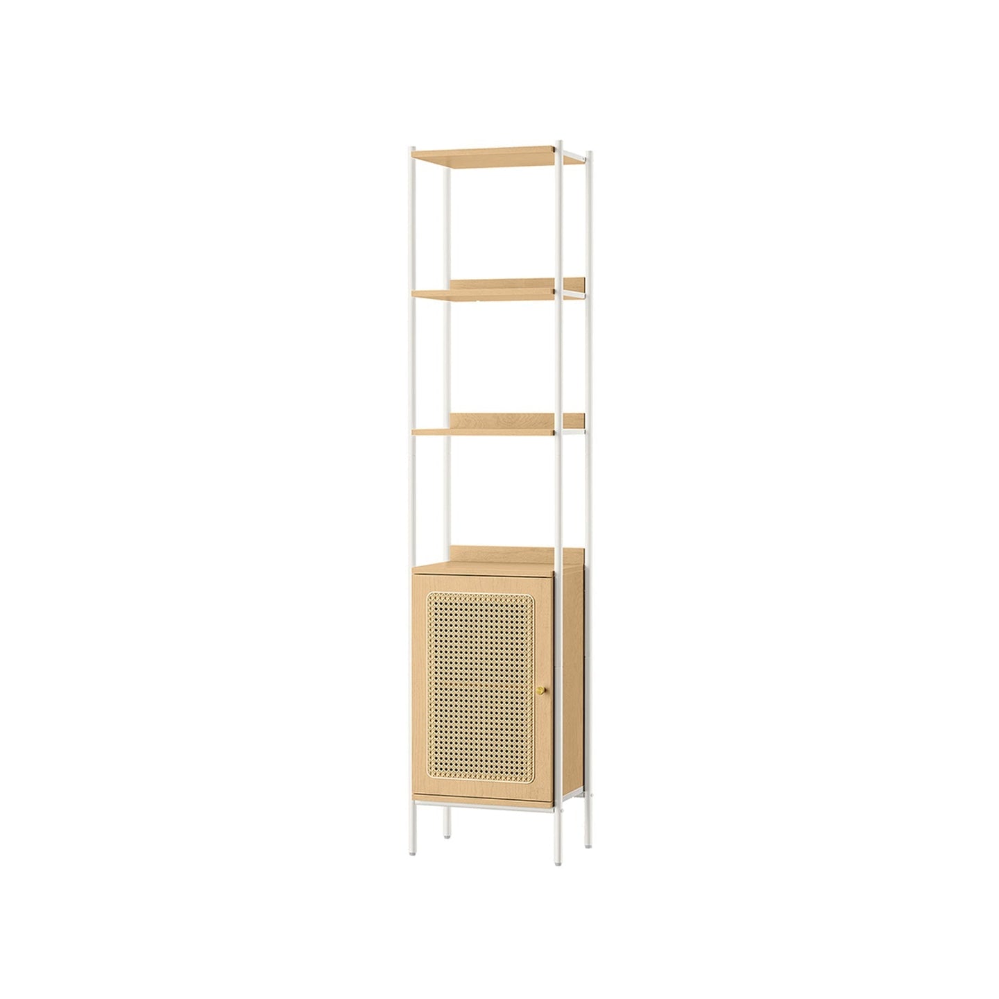 Freestanding Bookcase - Oak with Rattan-Like Door - Beige and Pearl White - Adjustable Shelves