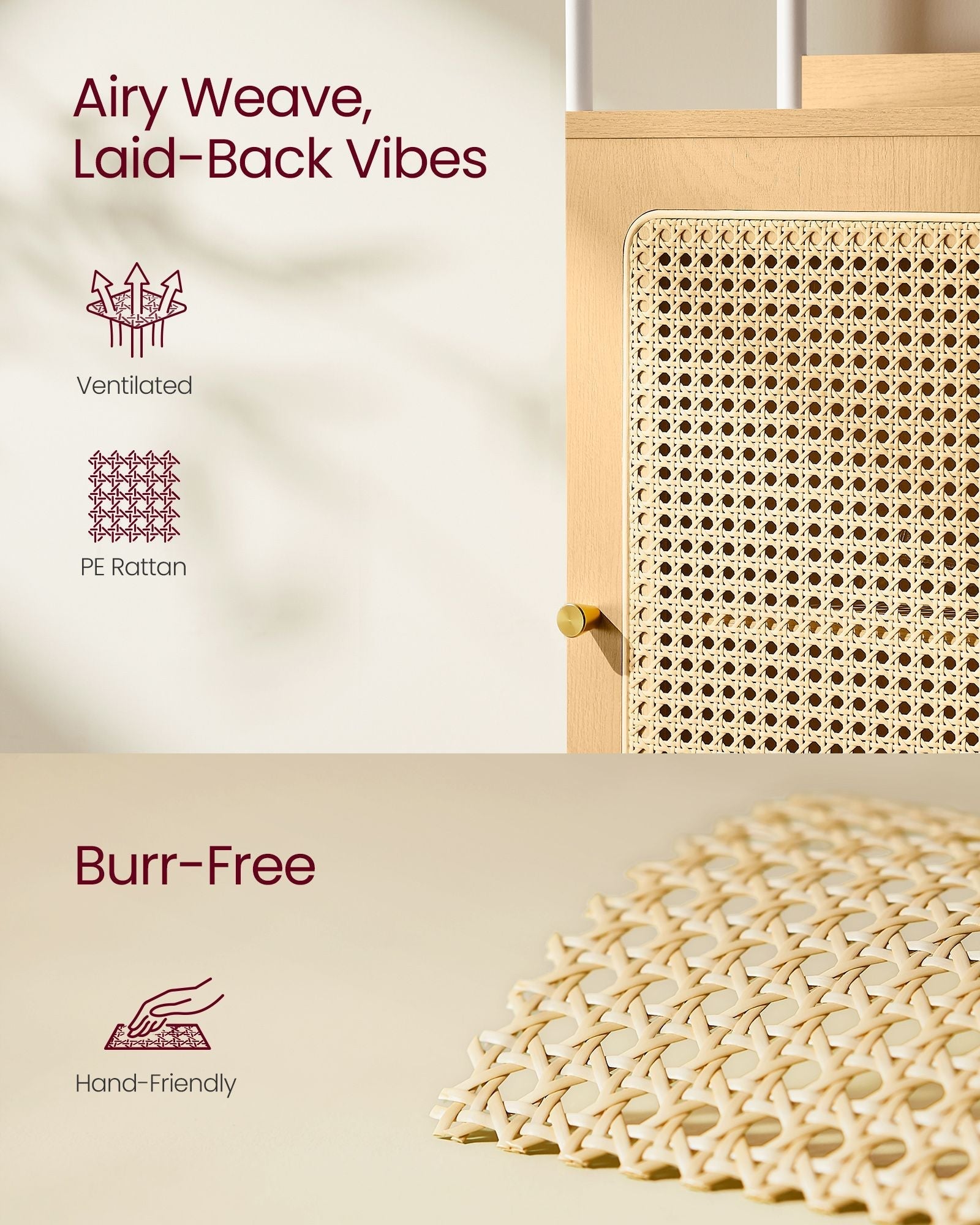 Freestanding Bookcase - Oak with Rattan-Like Door - Beige and Pearl White - Adjustable Shelves