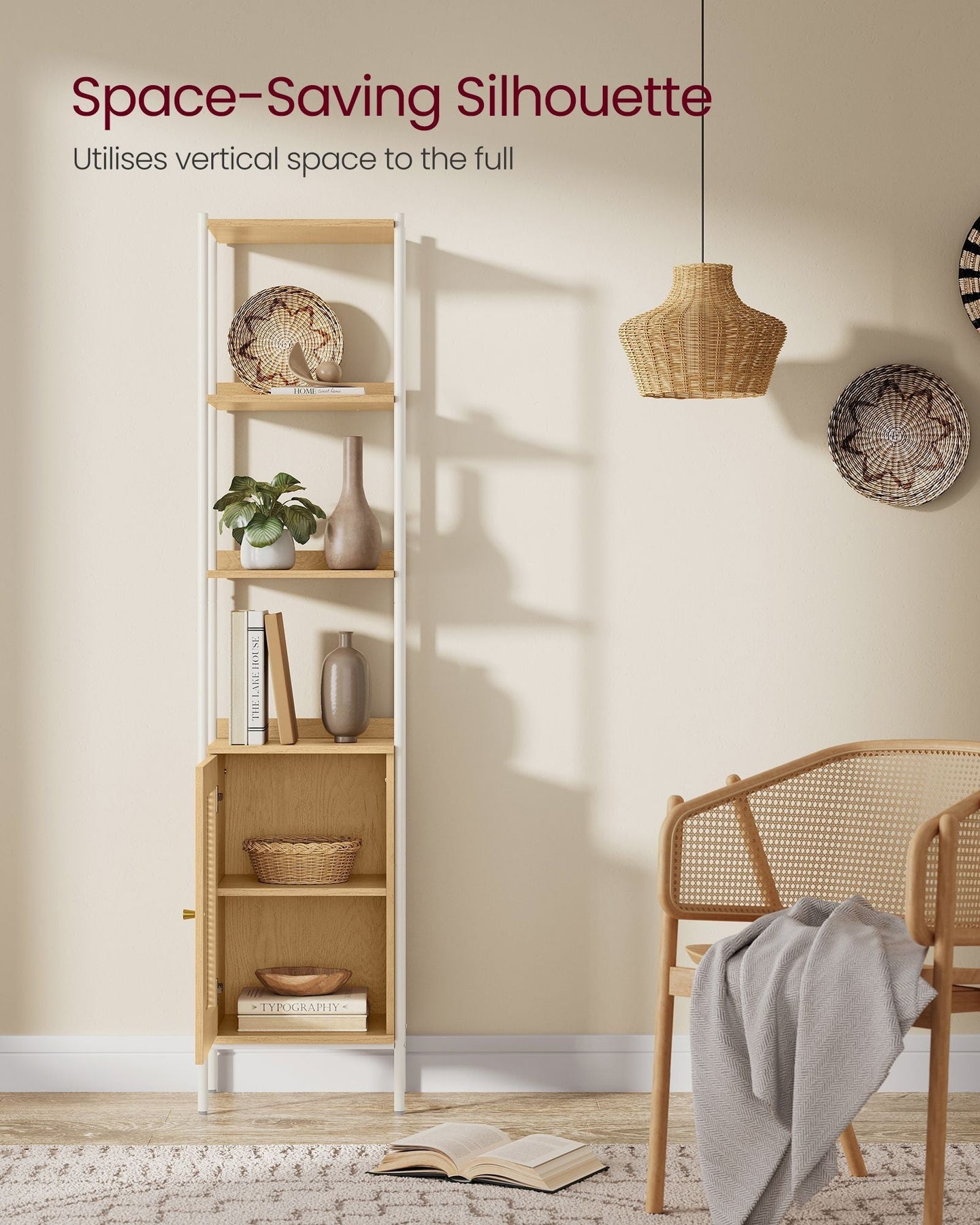 Freestanding Bookcase - Oak with Rattan-Like Door - Beige and Pearl White - Adjustable Shelves