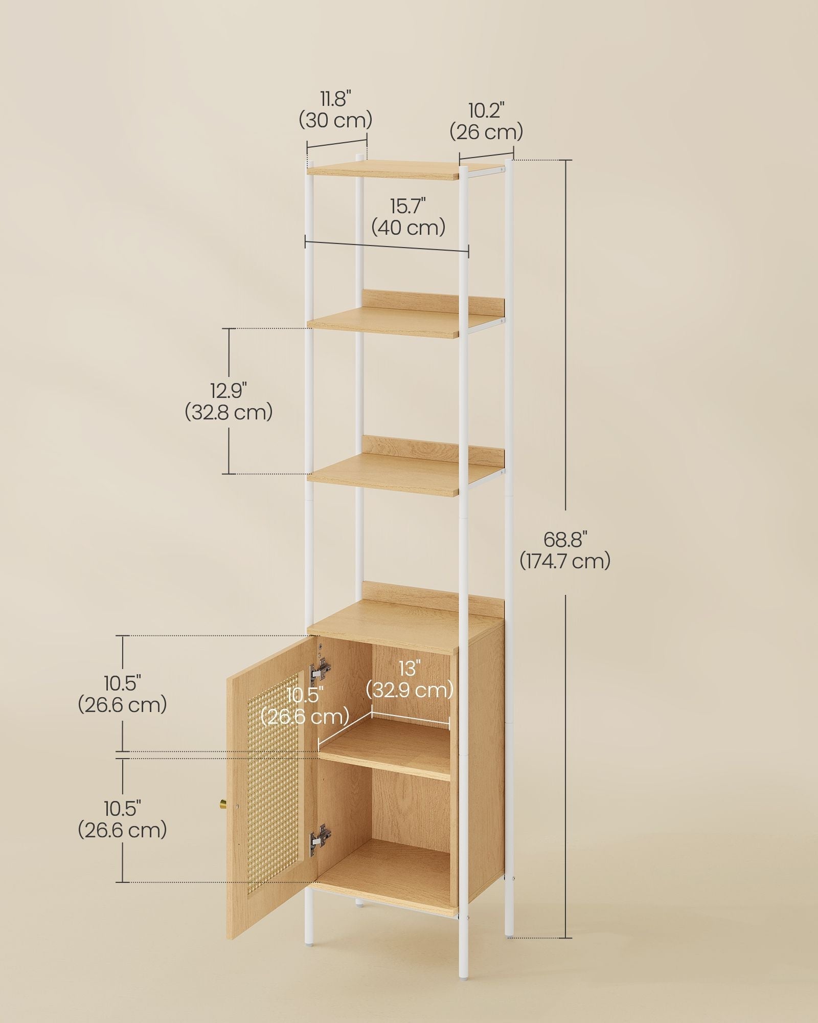Freestanding Bookcase - Oak with Rattan-Like Door - Beige and Pearl White - Adjustable Shelves