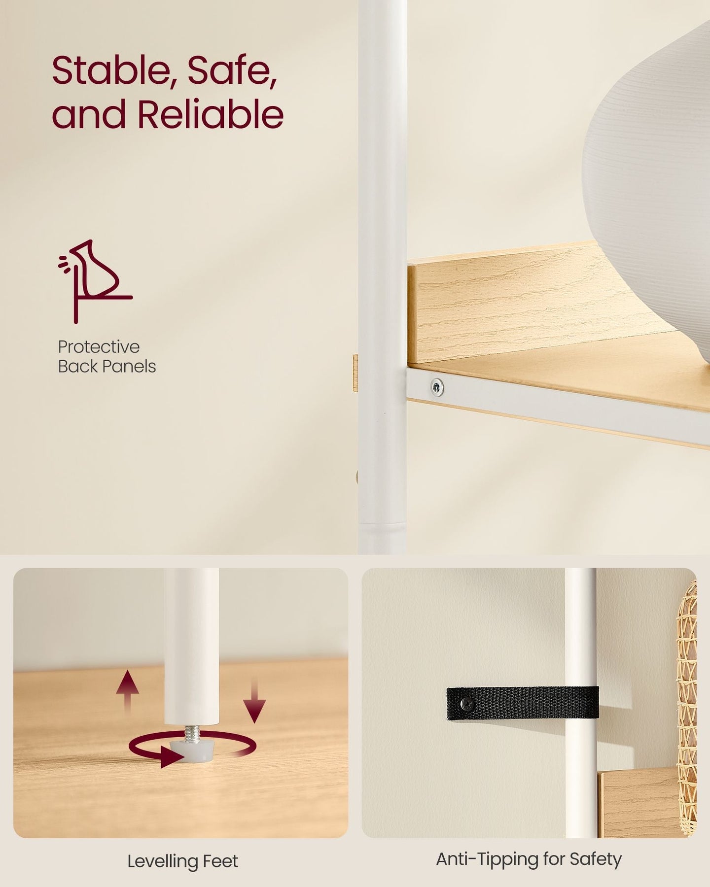 Freestanding Bookcase - Oak with Rattan-Like Door - Beige and Pearl White - Adjustable Shelves