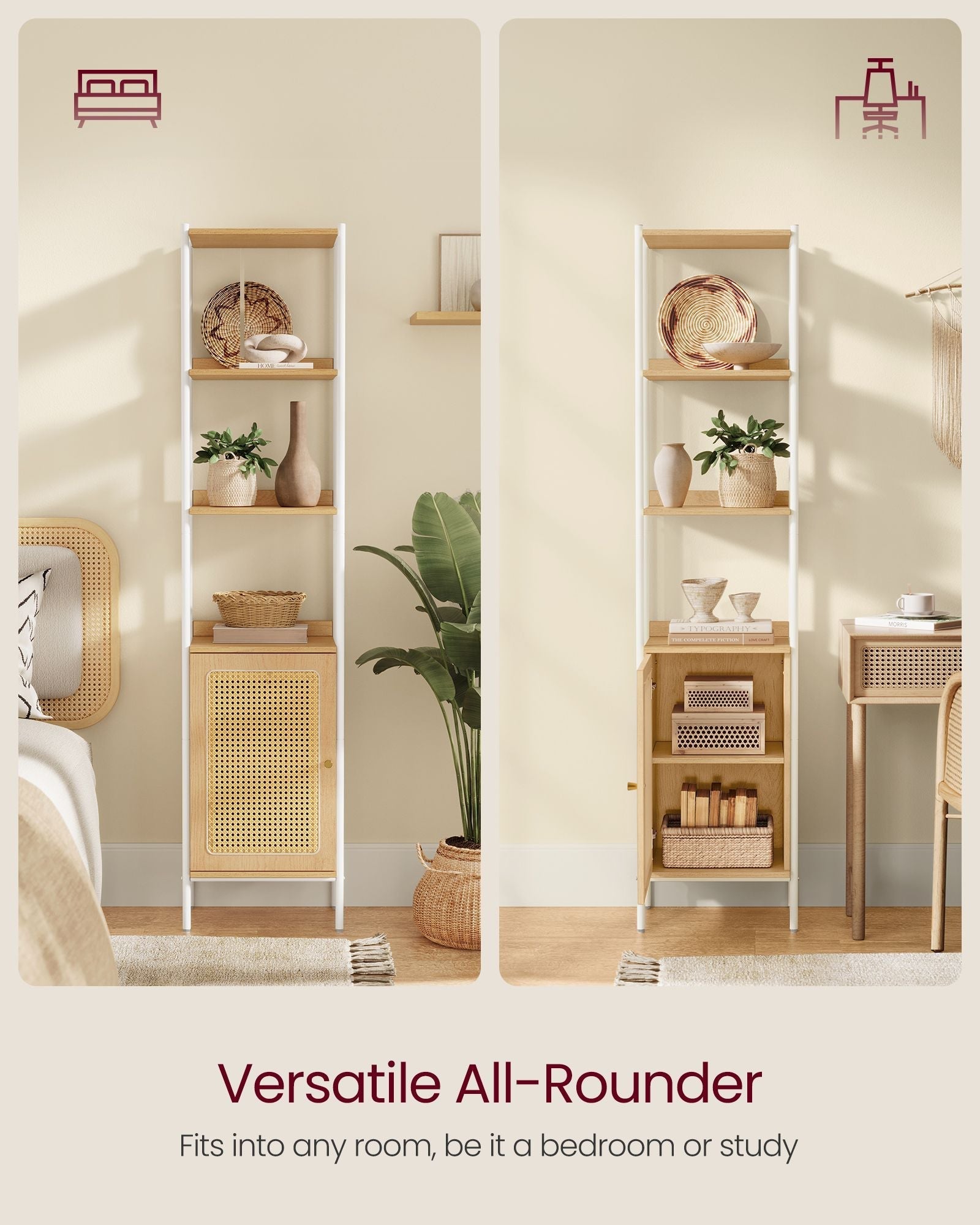Freestanding Bookcase - Oak with Rattan-Like Door - Beige and Pearl White - Adjustable Shelves