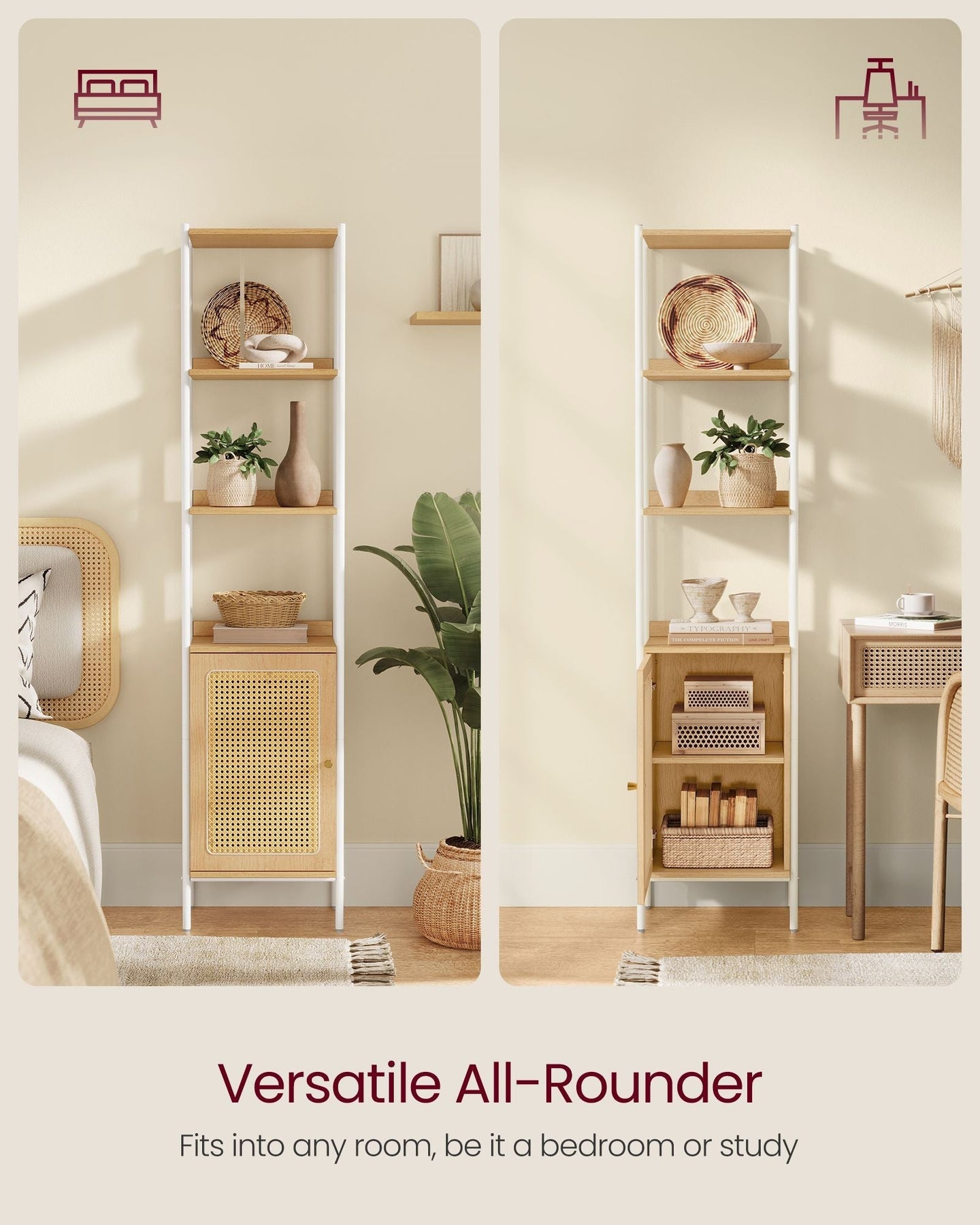 Freestanding Bookcase - Oak with Rattan-Like Door - Beige and Pearl White - Adjustable Shelves