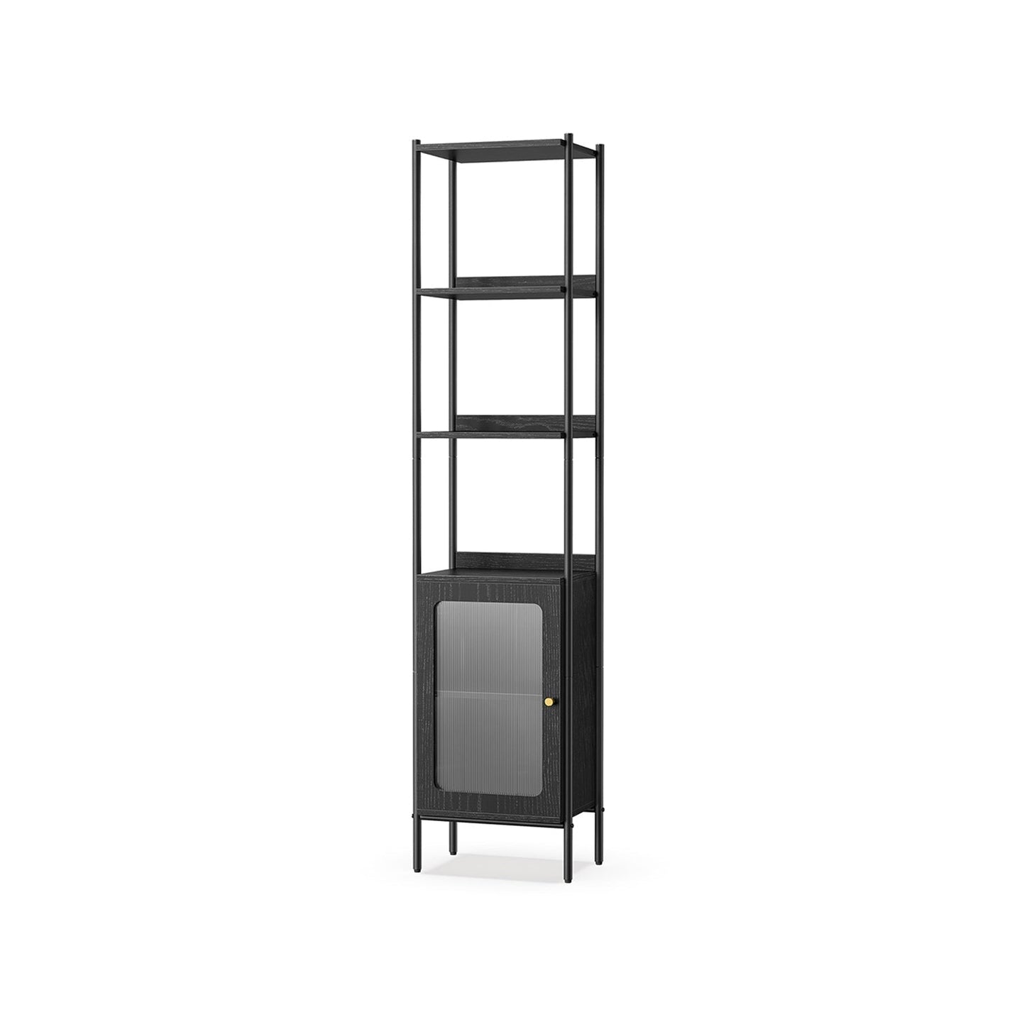 Tall Bookshelf - Metal Frame - Ebony Black - Adjustable Shelves with Rattan-Like Doors