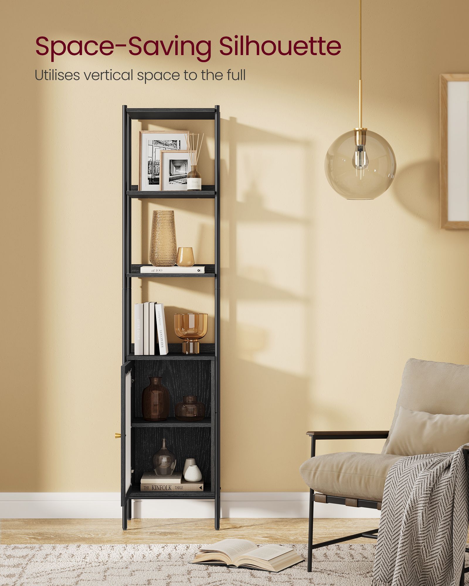 Tall Bookshelf - Metal Frame - Ebony Black - Adjustable Shelves with Rattan-Like Doors