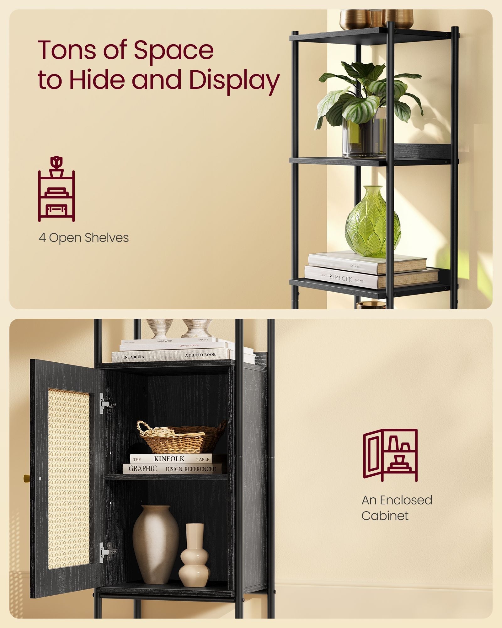 Tall Bookshelf - Metal Frame - Ebony Black - Adjustable Shelves with Rattan-Like Doors