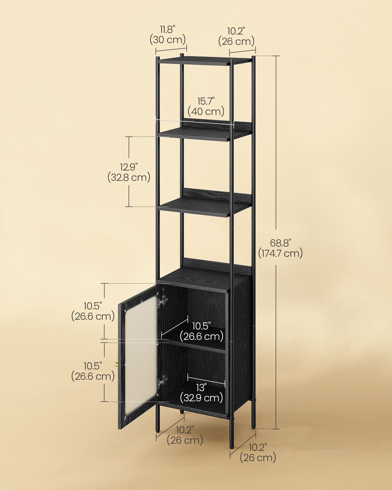Tall Bookshelf - Metal Frame - Ebony Black - Adjustable Shelves with Rattan-Like Doors