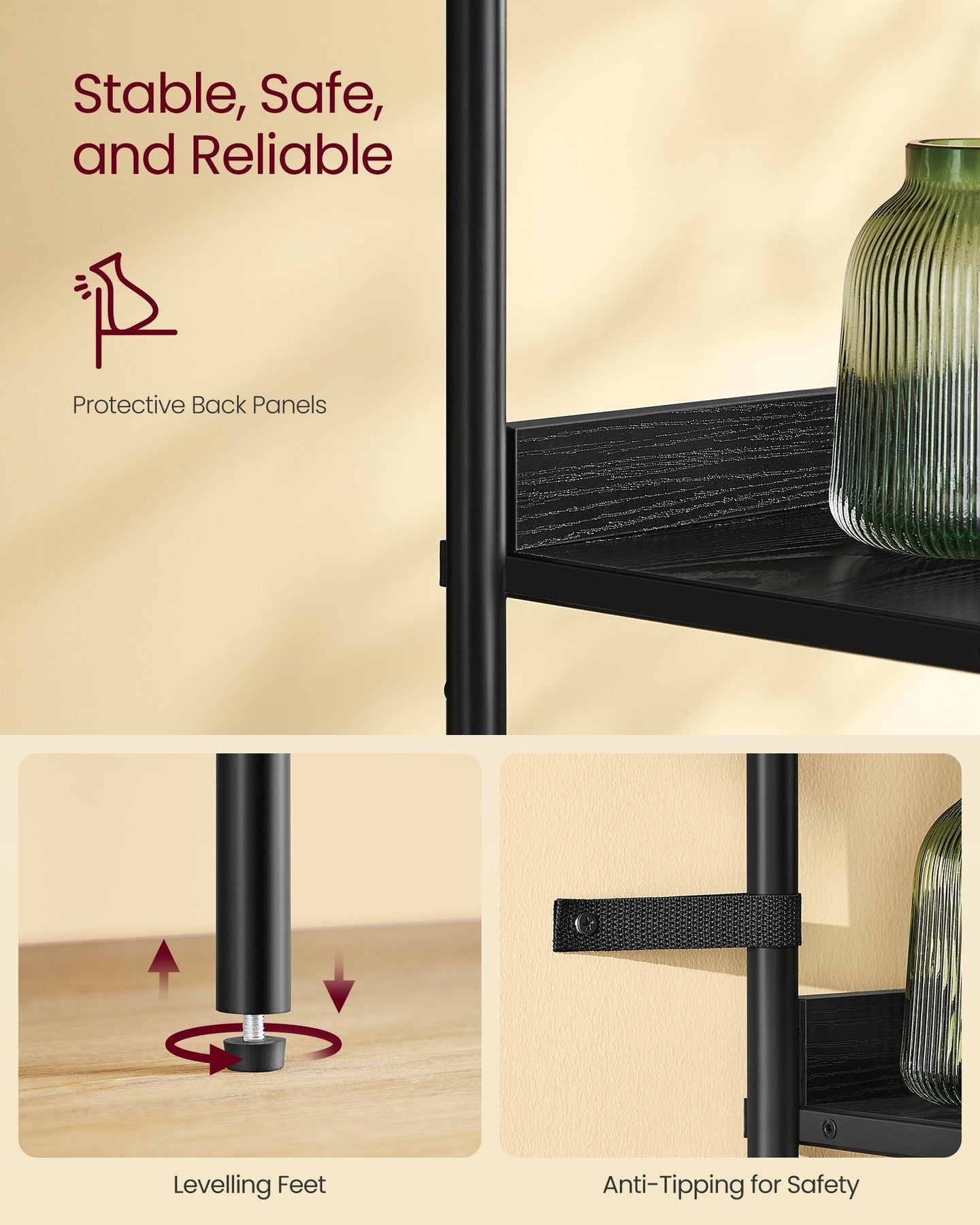 Tall Bookshelf - Metal Frame - Ebony Black - Adjustable Shelves with Rattan-Like Doors