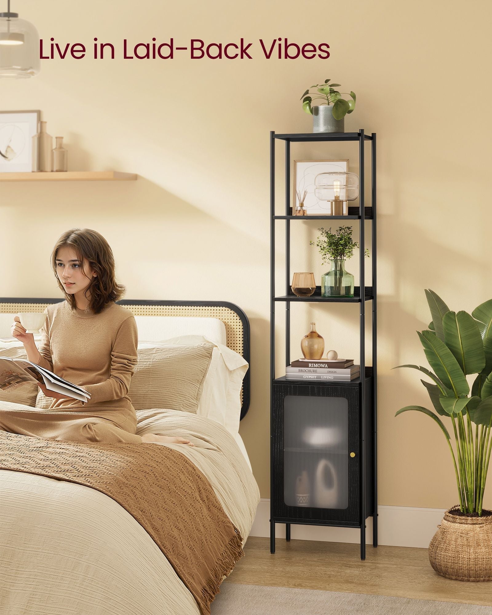 Tall Bookshelf - Metal Frame - Ebony Black - Adjustable Shelves with Rattan-Like Doors