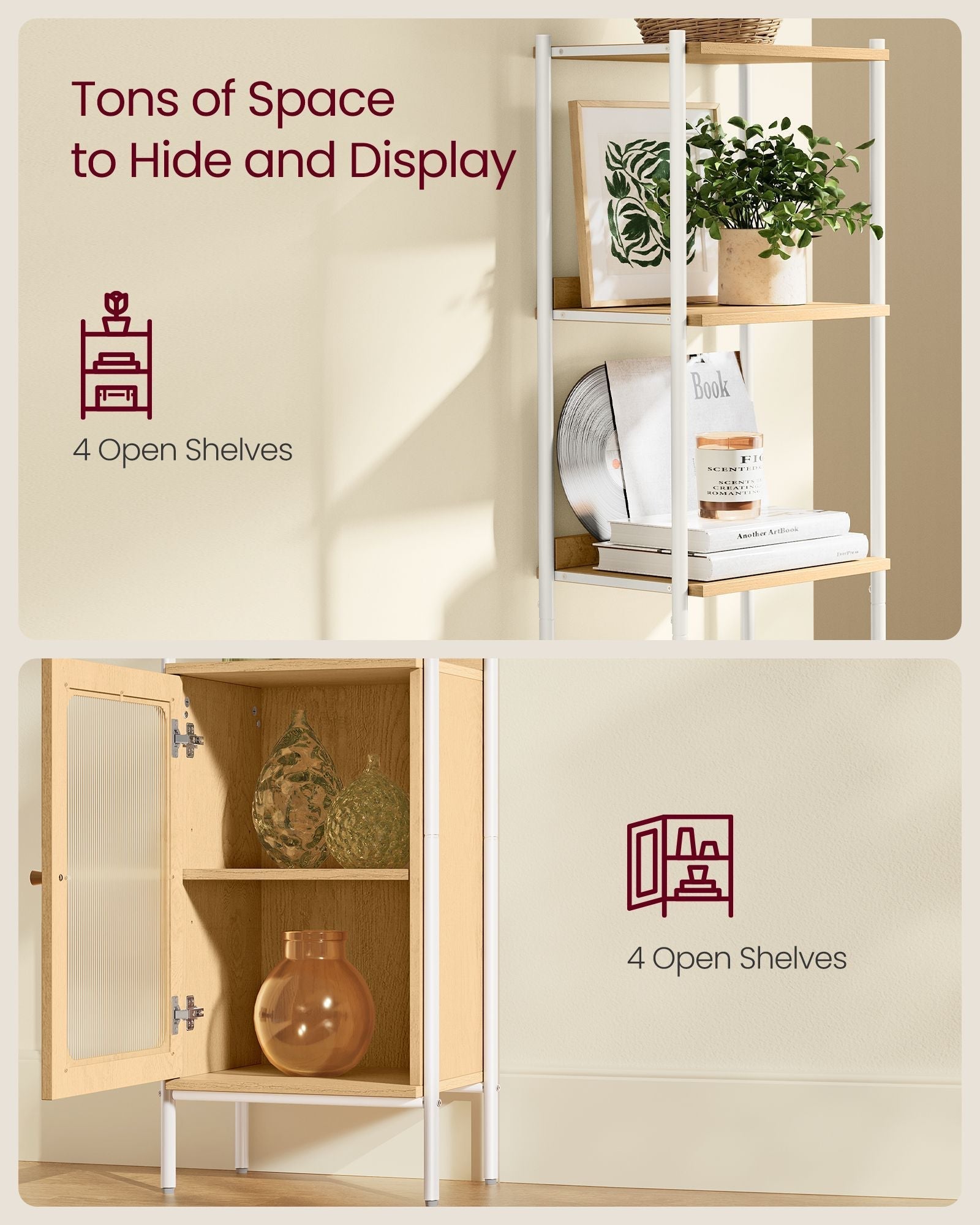 6-Tier Bookcase - Metal Frame - Oak Beige - Adjustable Shelves