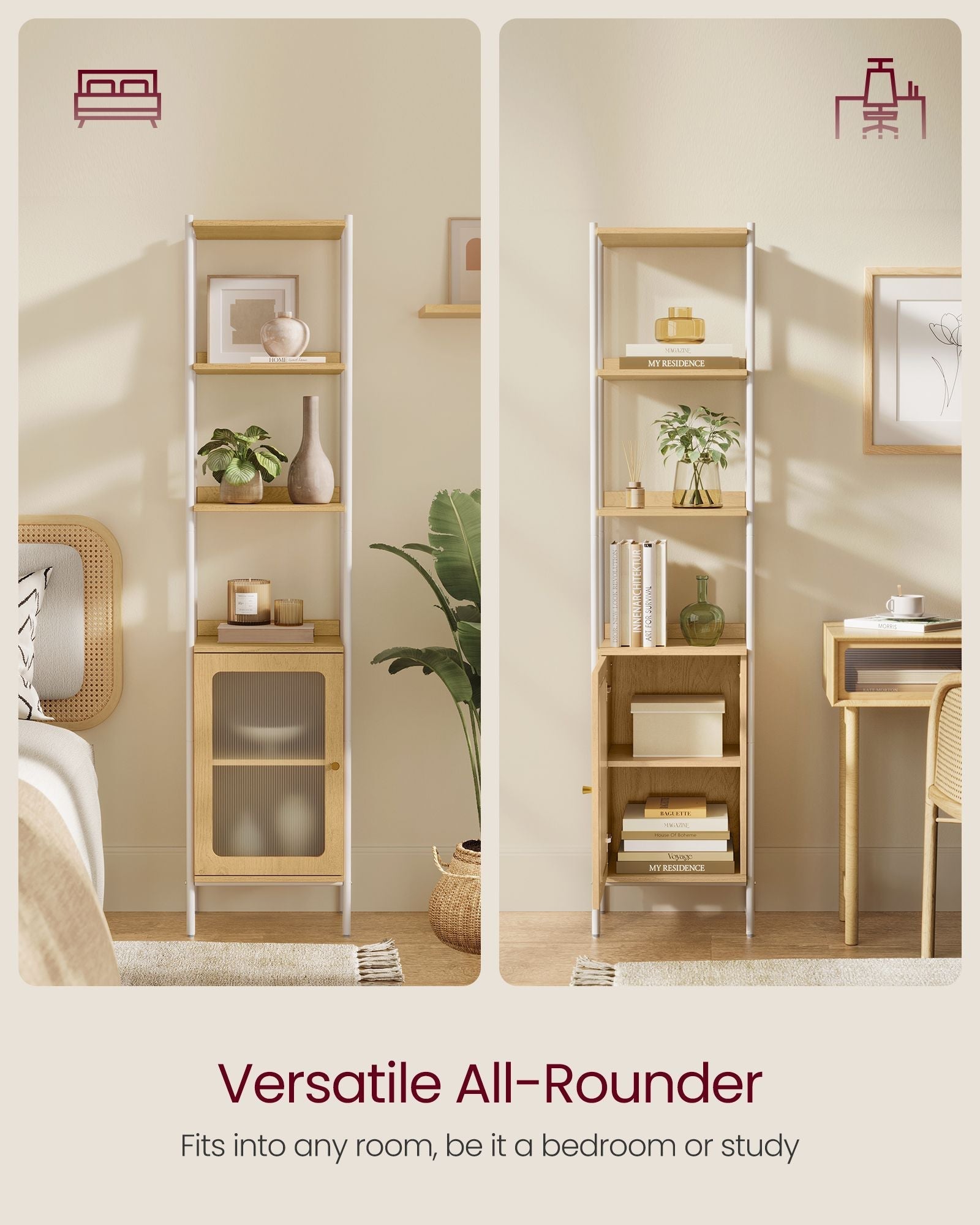 6-Tier Bookcase - Metal Frame - Oak Beige - Adjustable Shelves