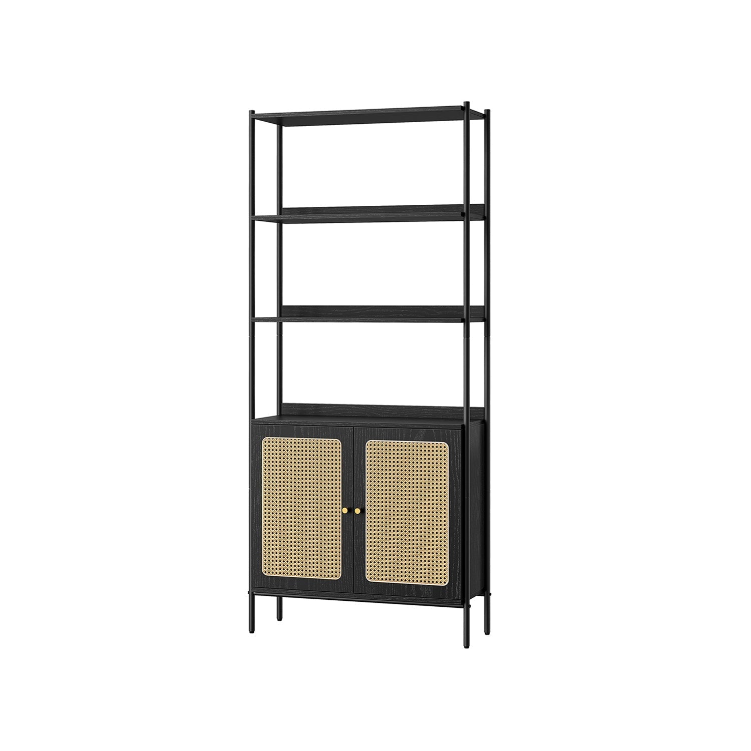6-Tier Bookcase - Metal - Oak Beige - Adjustable Shelves with Rattan-Like Doors