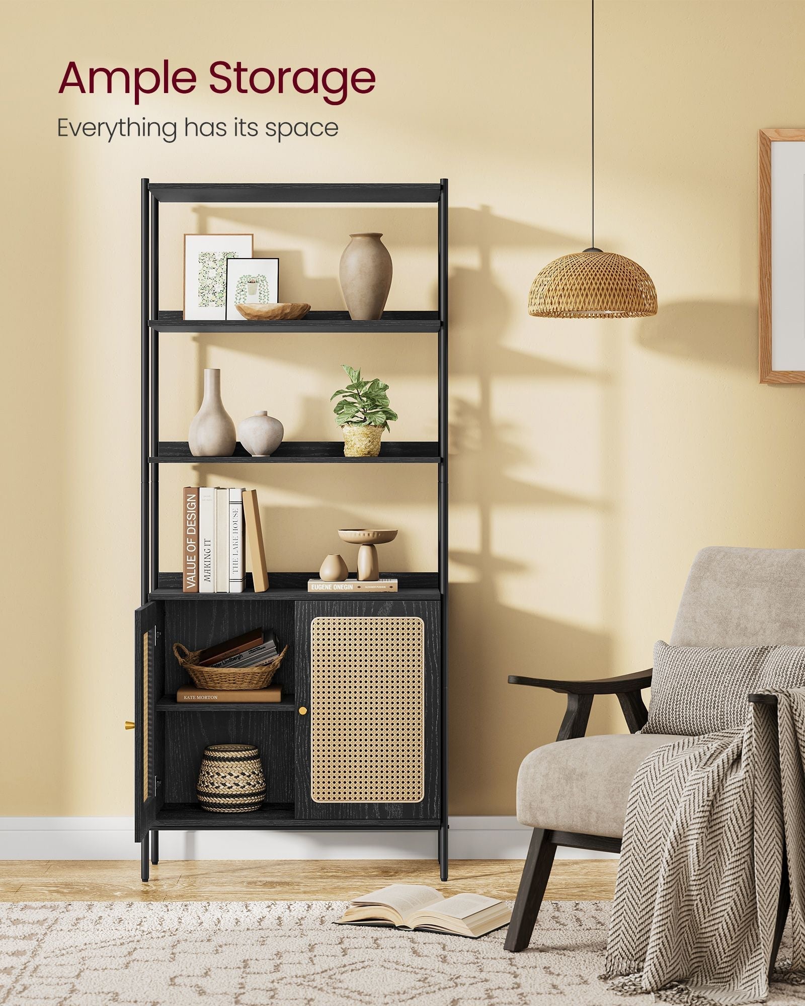 6-Tier Bookcase - Metal - Oak Beige - Adjustable Shelves with Rattan-Like Doors
