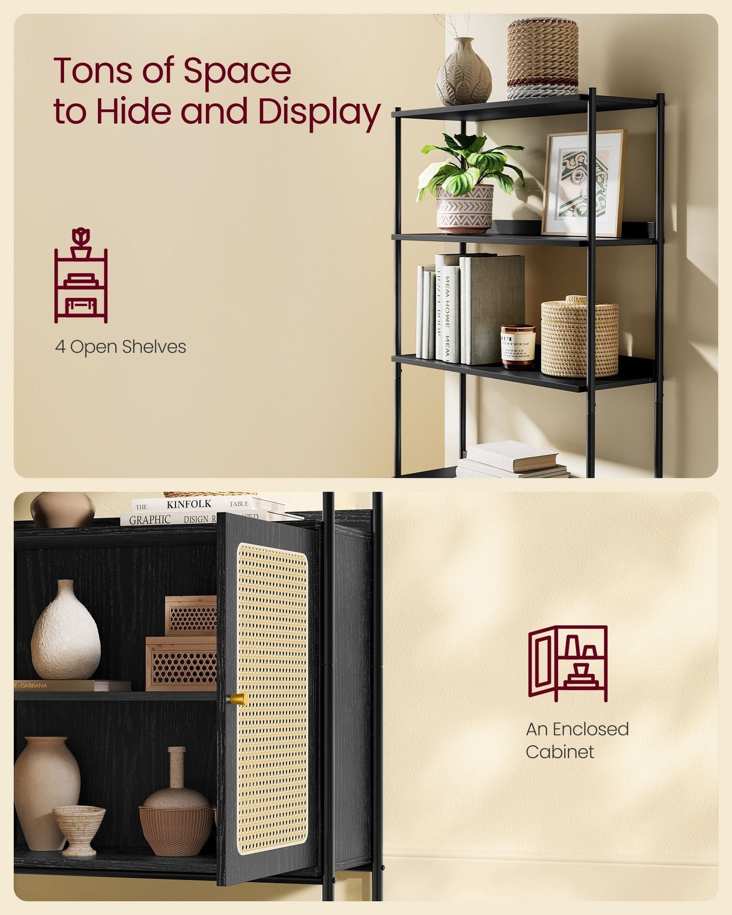 6-Tier Bookcase - Metal - Oak Beige - Adjustable Shelves with Rattan-Like Doors