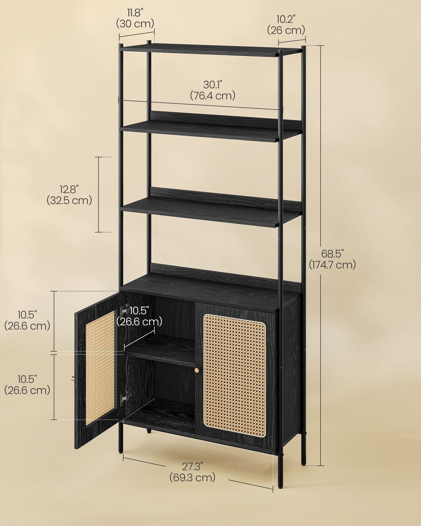 6-Tier Bookcase - Metal - Oak Beige - Adjustable Shelves with Rattan-Like Doors