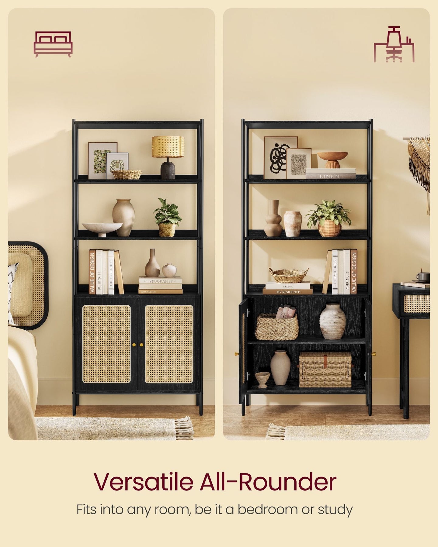 6-Tier Bookcase - Metal - Oak Beige - Adjustable Shelves with Rattan-Like Doors
