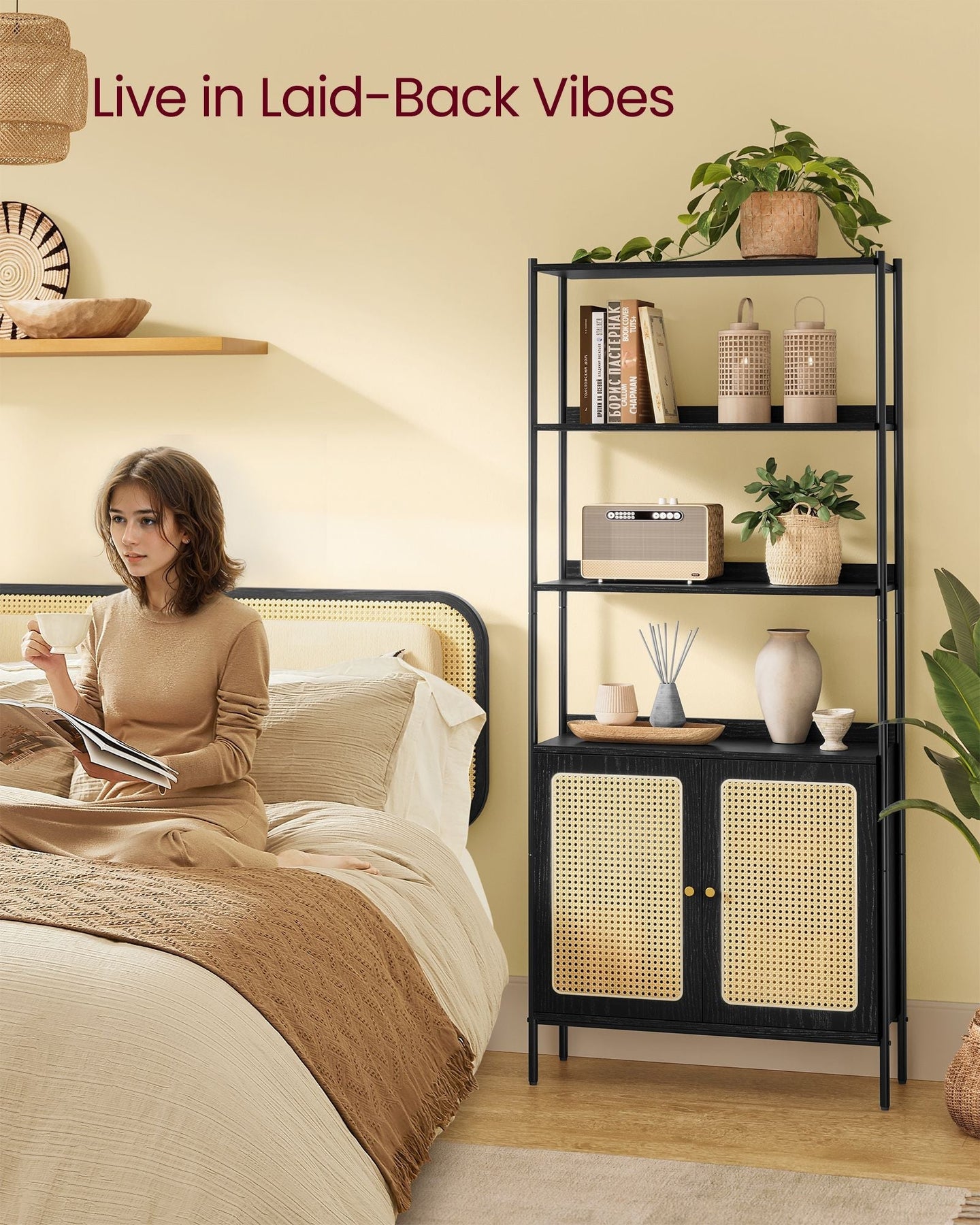 6-Tier Bookcase - Metal - Oak Beige - Adjustable Shelves with Rattan-Like Doors