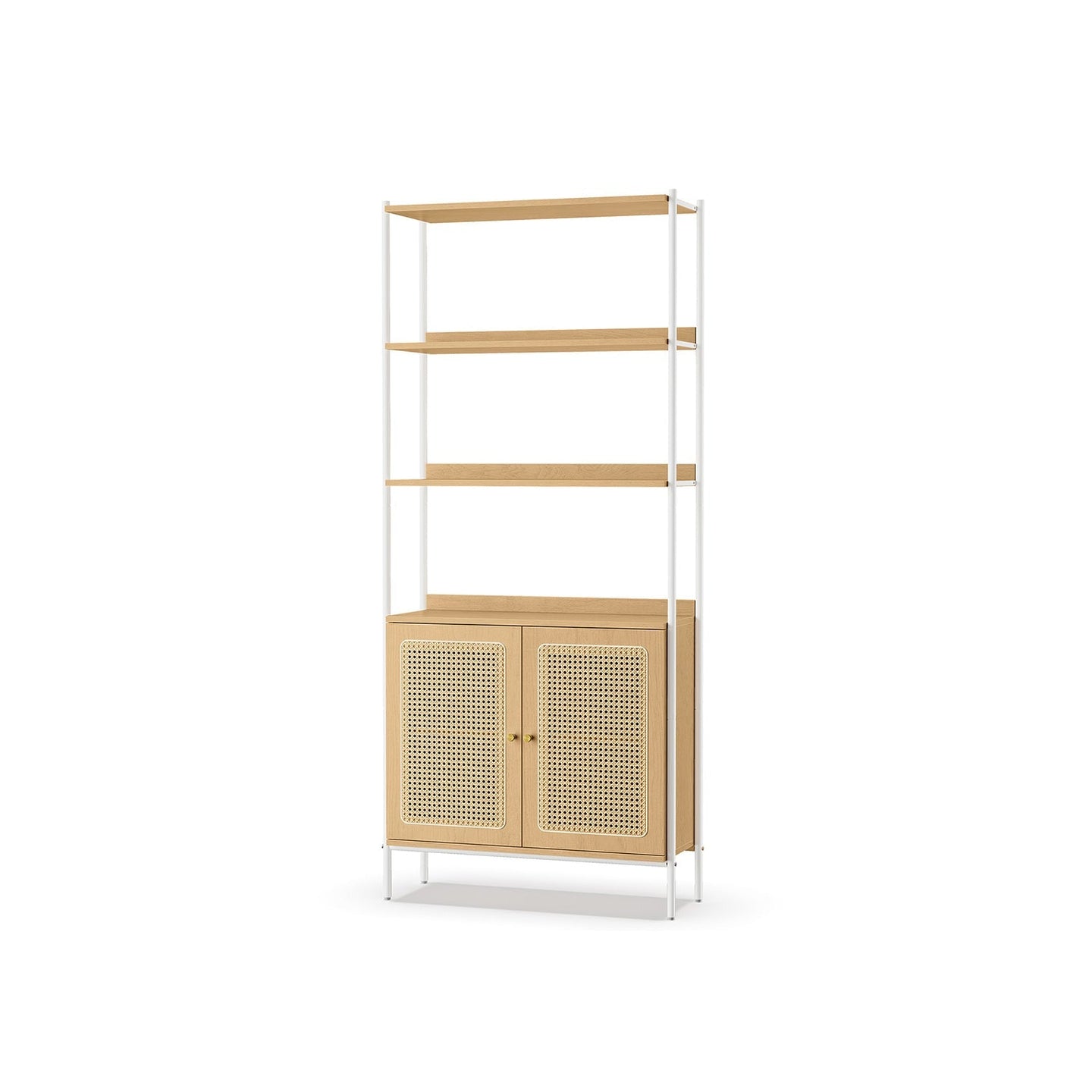 6-Tier Bookcase - Metal - Oak Beige - Adjustable Shelves with Rattan-Like Doors