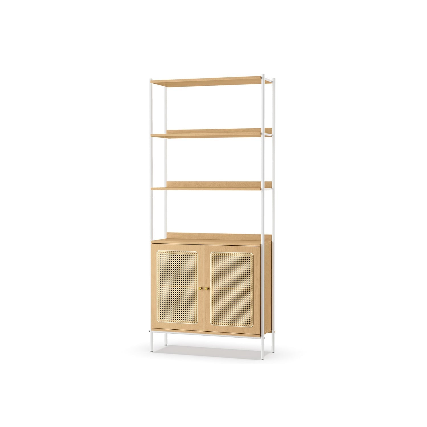 6-Tier Bookcase - Metal - Oak Beige - Adjustable Shelves with Rattan-Like Doors