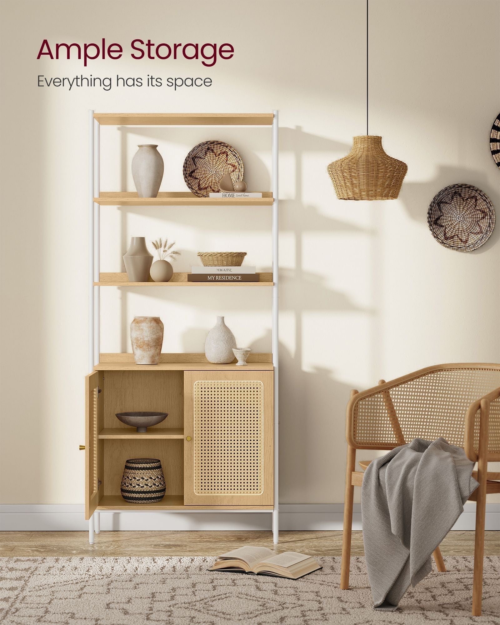 6-Tier Bookcase - Metal - Oak Beige - Adjustable Shelves with Rattan-Like Doors