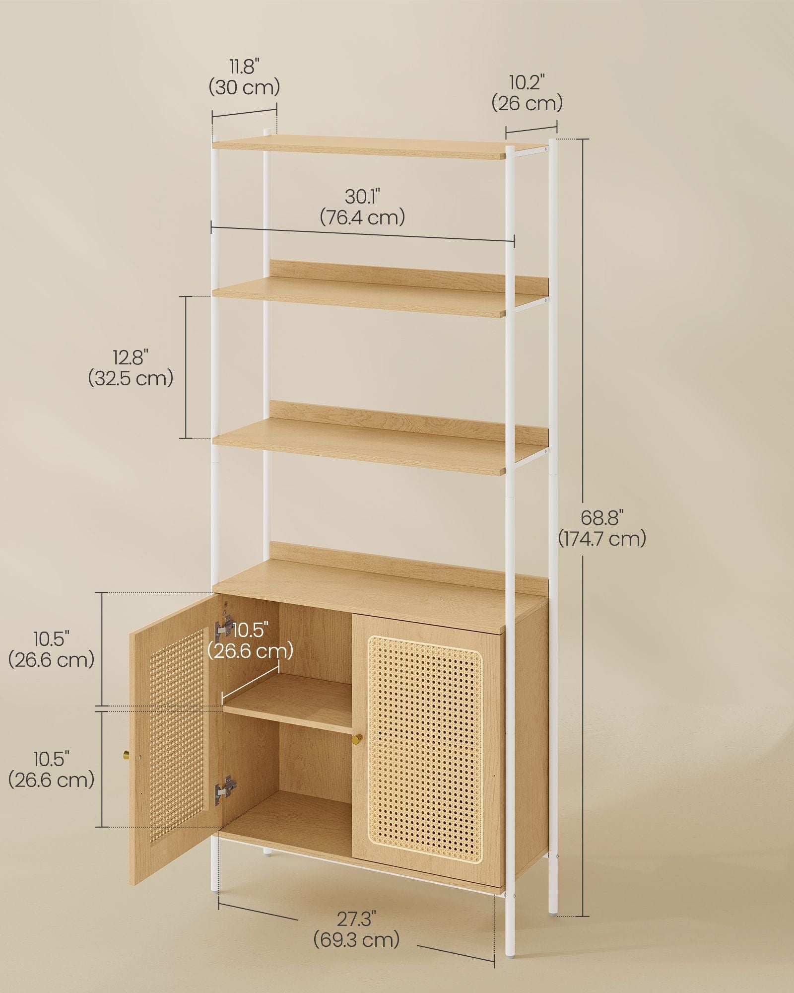 6-Tier Bookcase - Metal - Oak Beige - Adjustable Shelves with Rattan-Like Doors