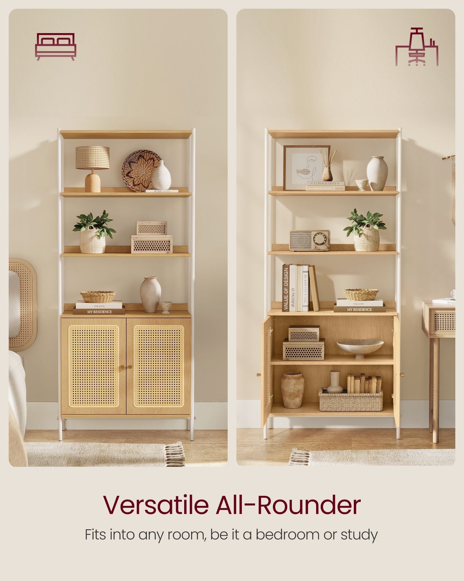 6-Tier Bookcase - Metal - Oak Beige - Adjustable Shelves with Rattan-Like Doors