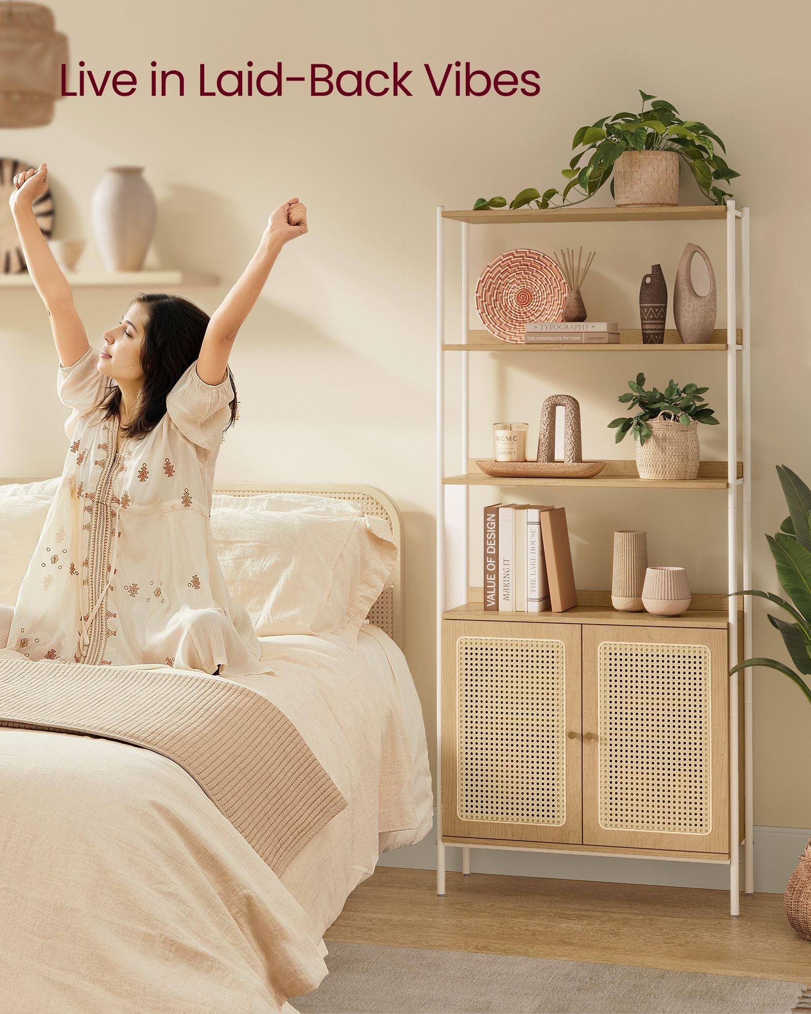 6-Tier Bookcase - Metal - Oak Beige - Adjustable Shelves with Rattan-Like Doors