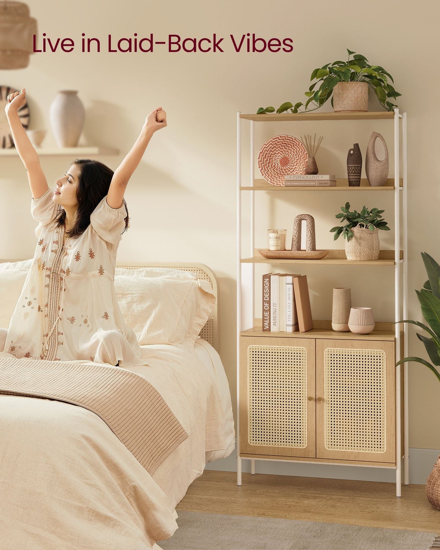 6-Tier Bookcase - Metal - Oak Beige - Adjustable Shelves with Rattan-Like Doors